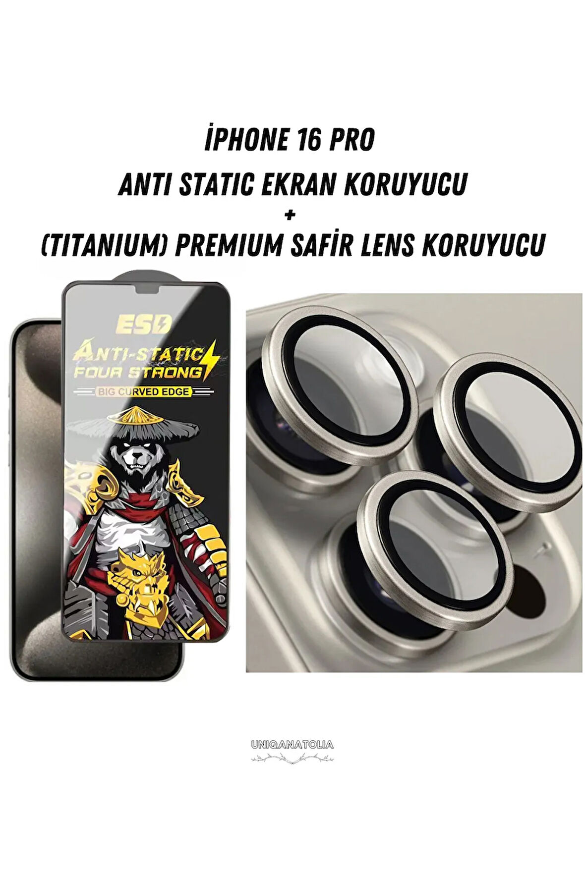 iPhone 16 Pro Uyumlu Anti Static Ekran Koruyucu ve Safir Premium Lens Koruyucu