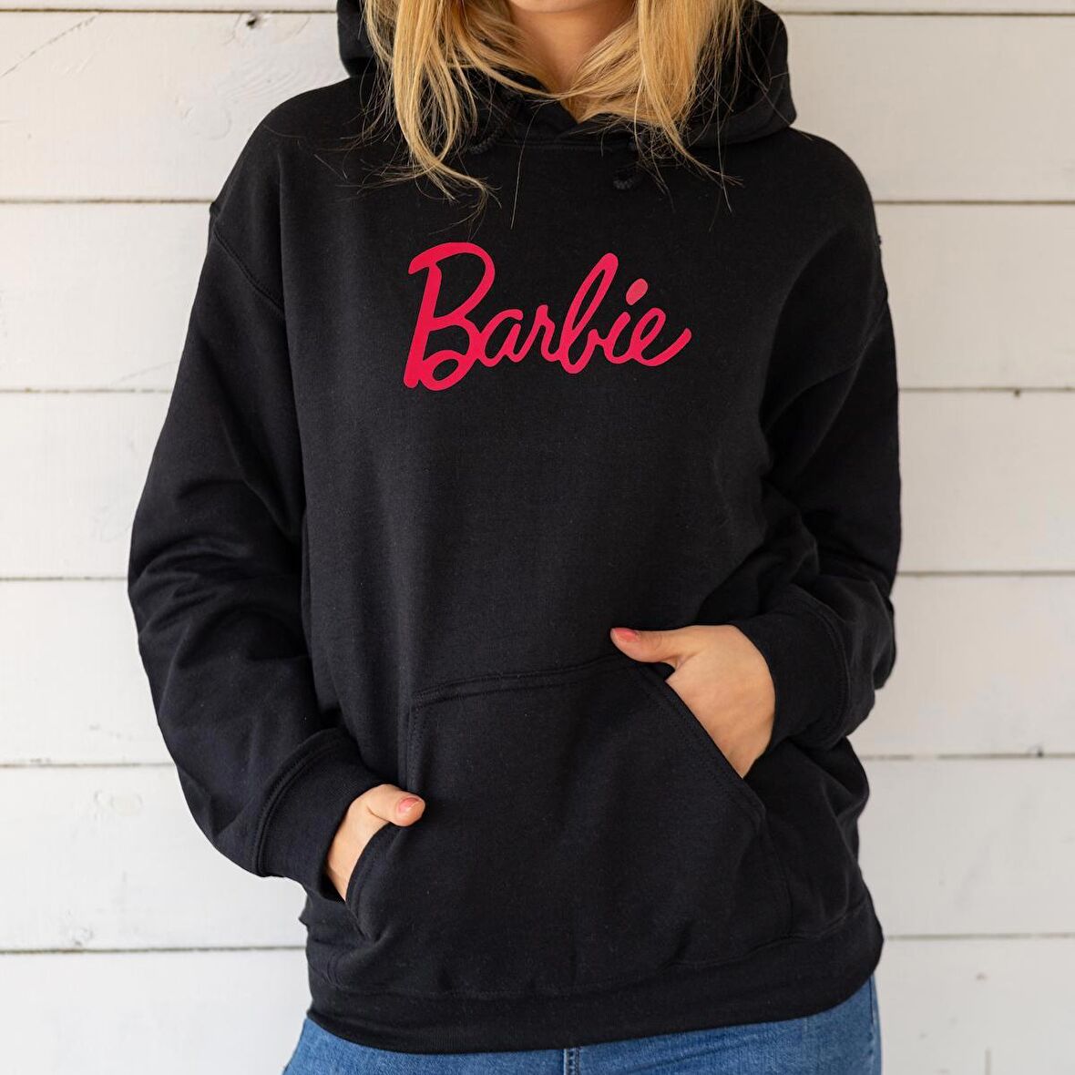 Kapüşonlu ipli Mevsimlik Kadın Barbie Sweatshirt Hoodie Siyah Pembe L