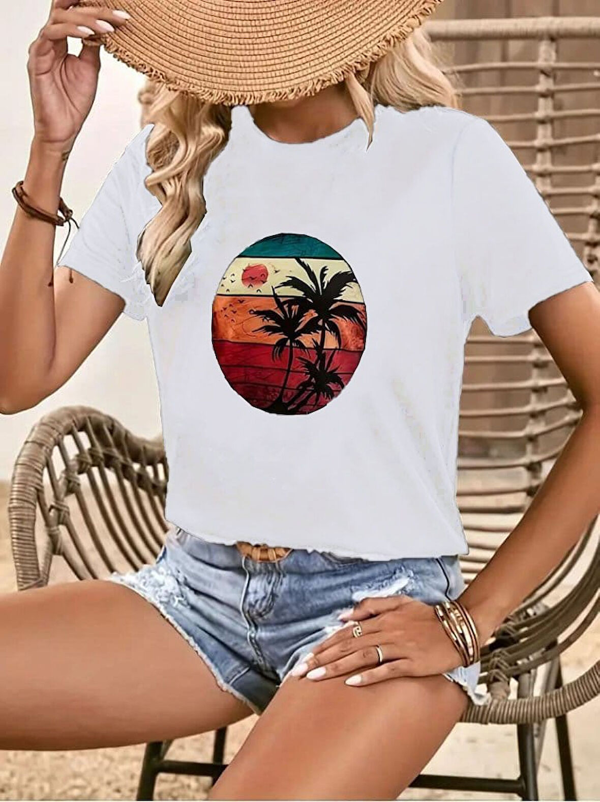 JANES Kadın Kısa Kollu Palmiye Baskılı Viskon T-shirt