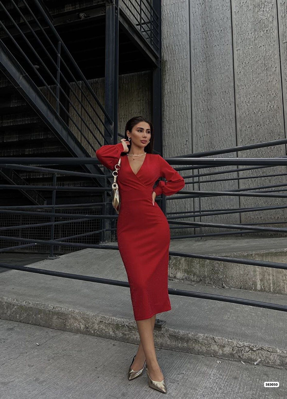 JANES Kadın Kruvaze Yaka Balon Kol Simli Krep Kumaş Midi Boy Elbise