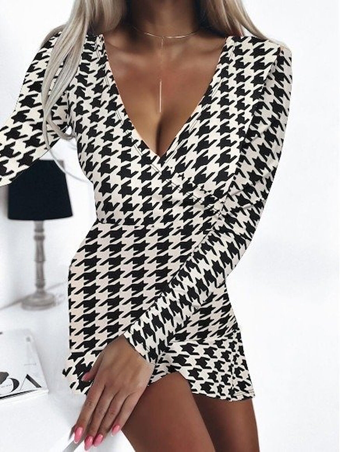 JANES Kadın Uzun Kollu Kruvaze Yaka Kazayağı Mikro Mini Boy Elbise