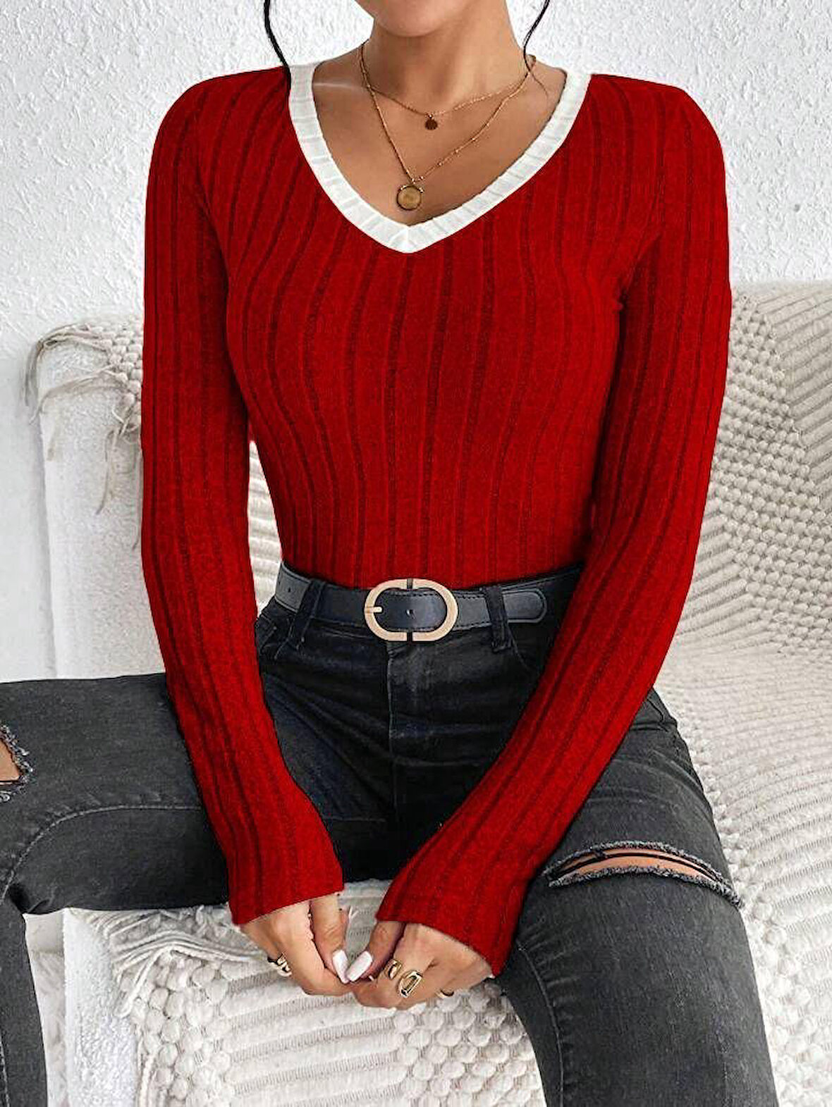JANES Kadın Uzun Kollu V Yaka Ribana Detay Fitilli Kaşkorse Kumaş Bluz