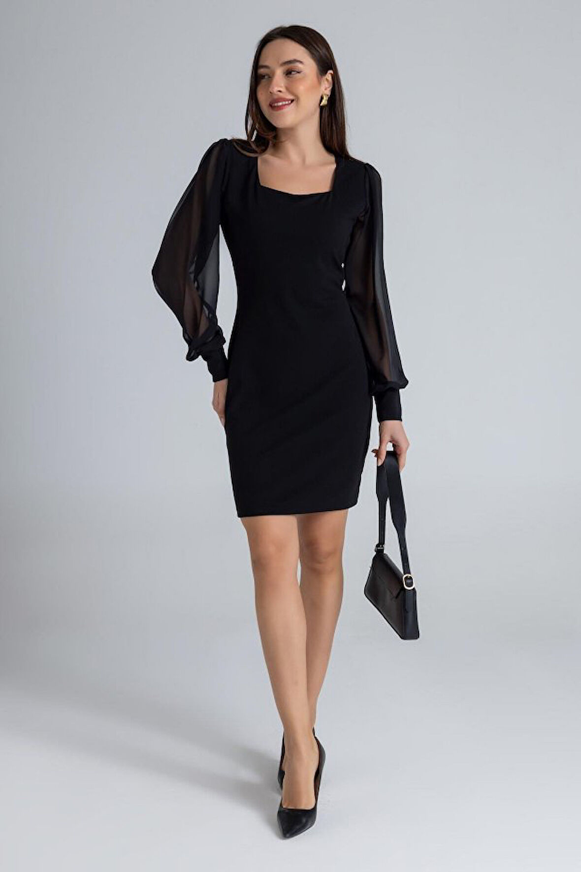 JANES Kadın Kare Yaka Kolları Tül Sandy Kumaş Fırsat ürün Mini Siyah Elbise