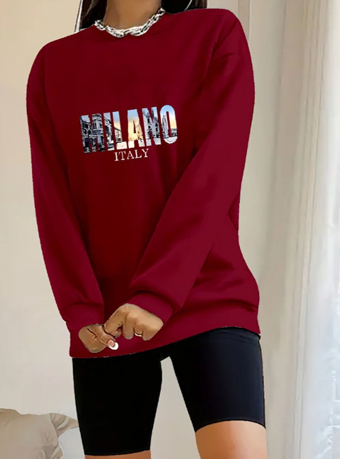 JANES Kadın Uzun Kollu Bisiklet Yaka Desenli Viskon Iki Iplik Bluz