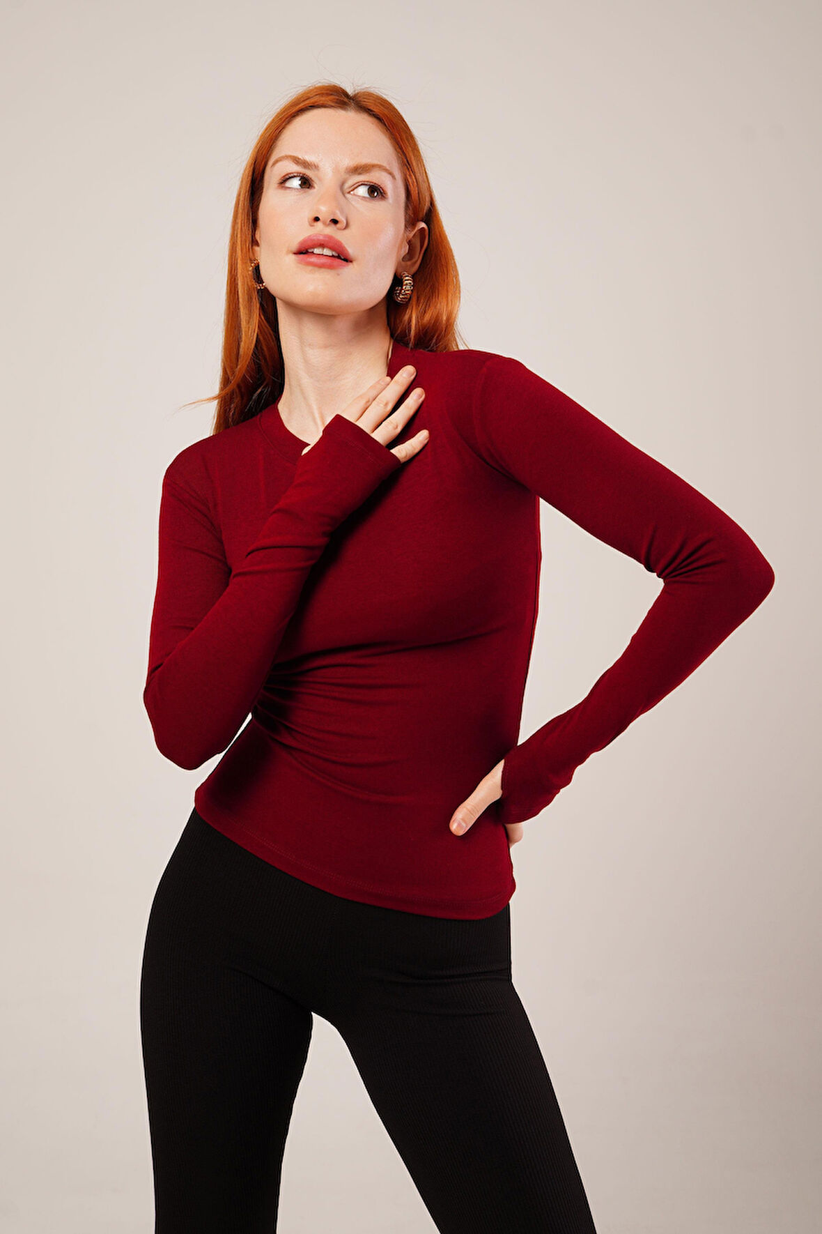 JANES Uzun Kollu Basic Bordo Bluz