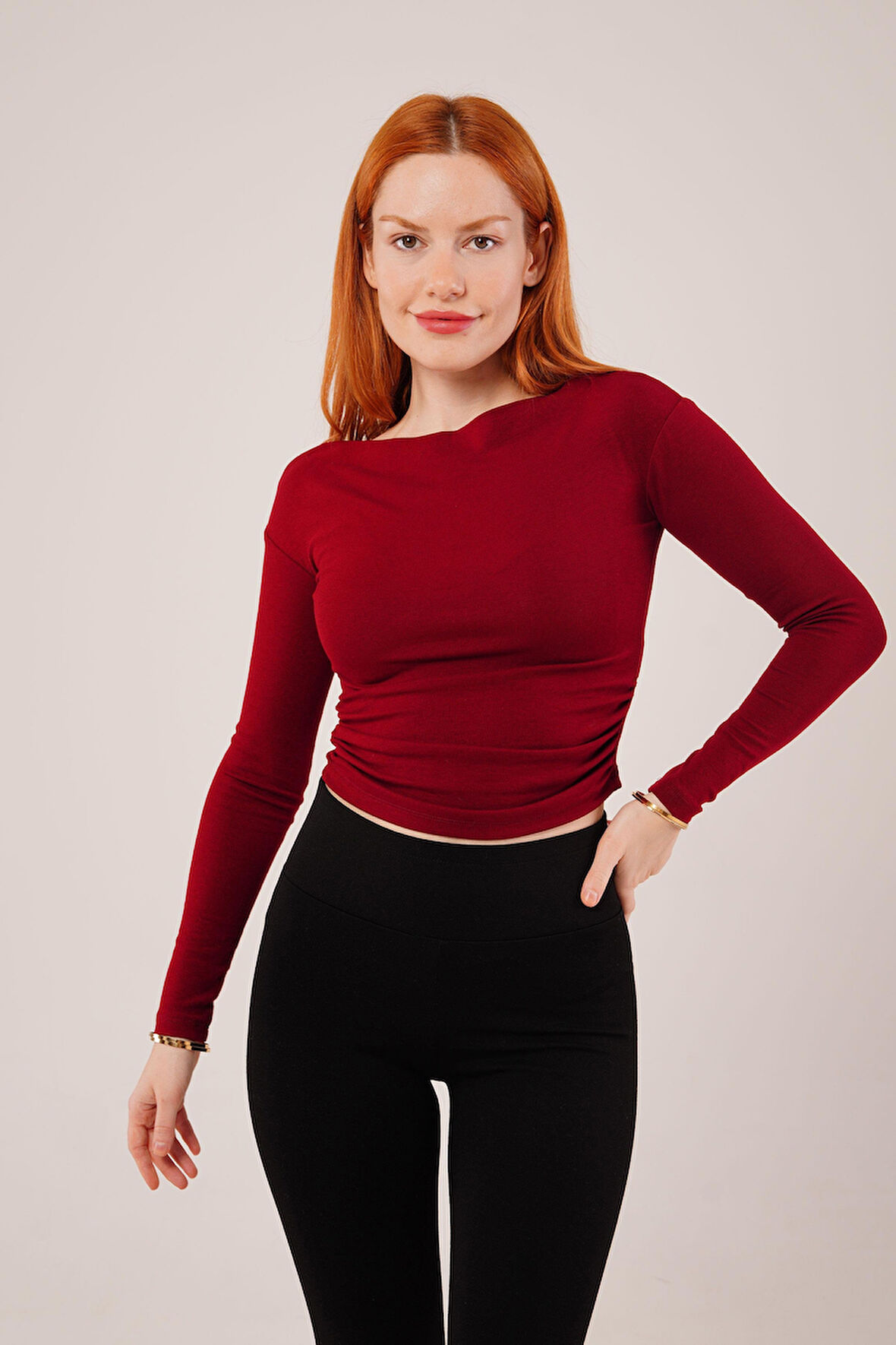 JANES Yaka Detay Uzun Kollu Basic Bordo Bluz