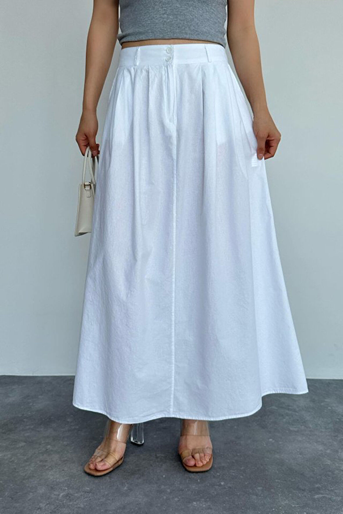 JANES İnce Pileli Düz Etek - Beyaz