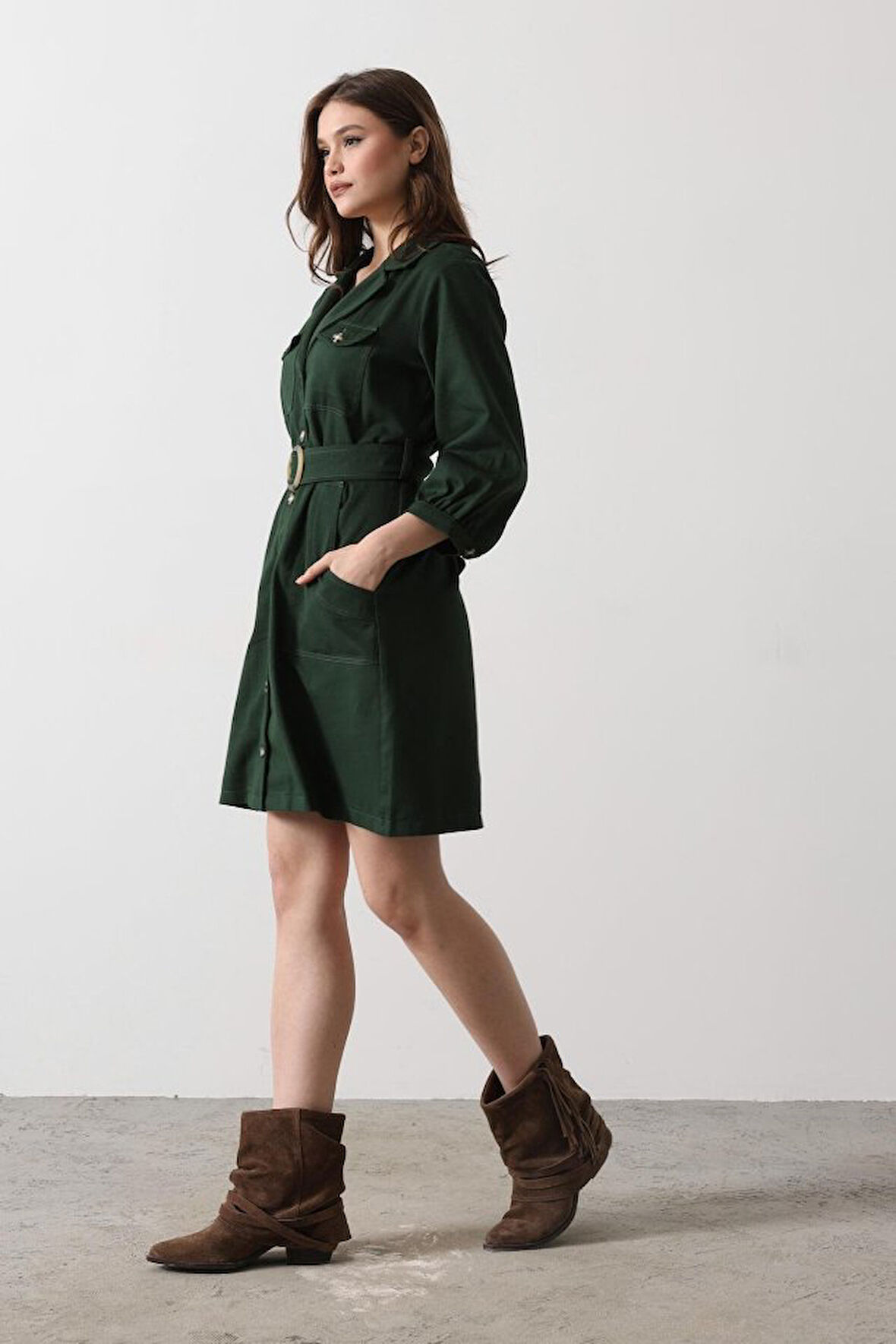 JANES Kemer Detaylı Gabardin Elbise - Haki