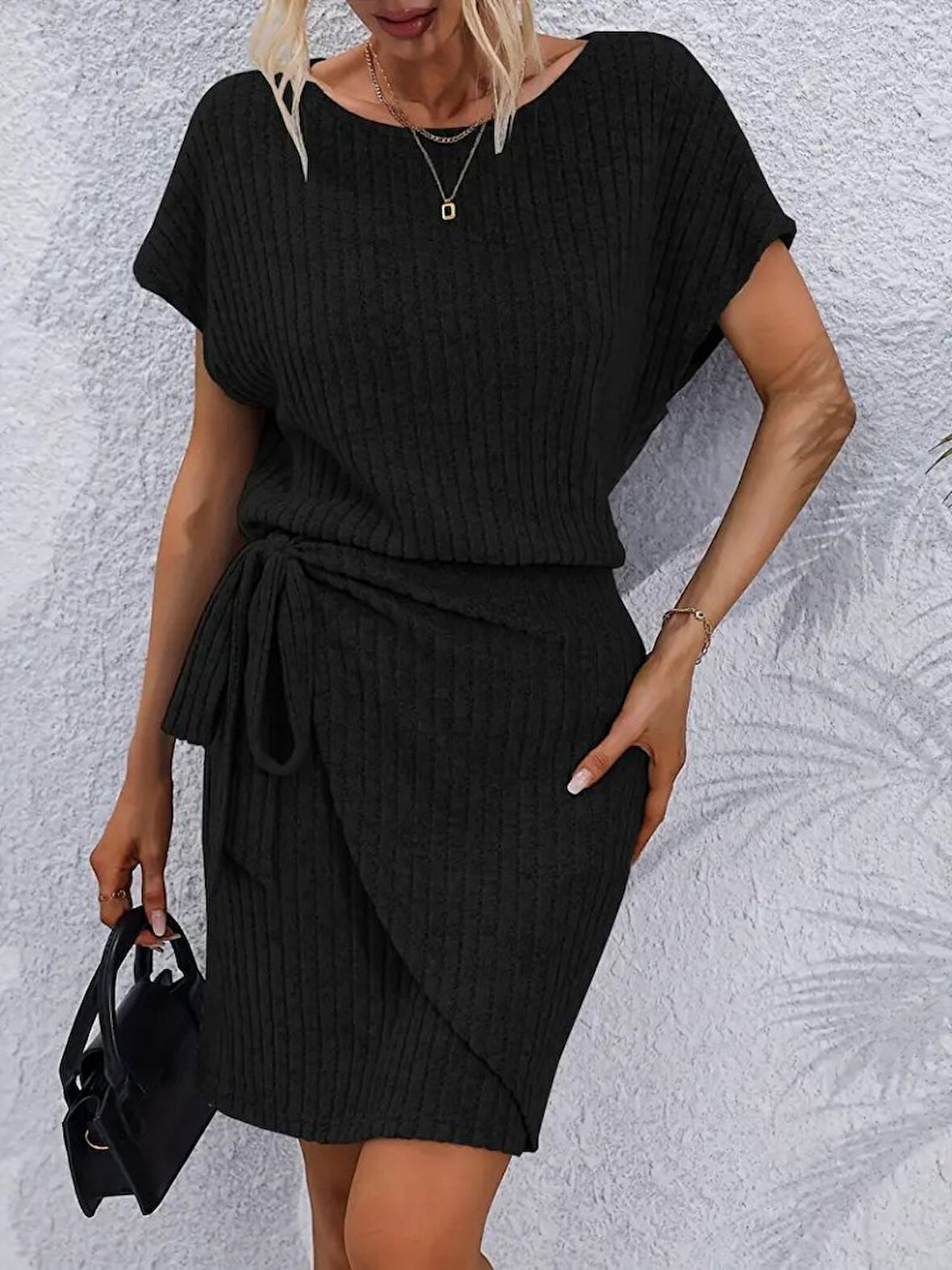 JANES Kadın Kısa Kollu Yakası Açık Belden Lastikli Yandan Bağlamalı Kalın Fitilli Kaşkorse Elbise