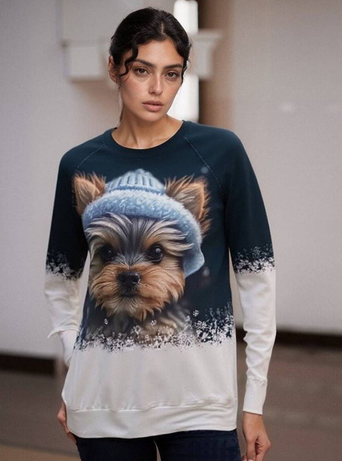 JANES Kadın Uzun Kollu Bisiklet Yaka Köpek Baskılı şardonlu Dalgıç Bluz