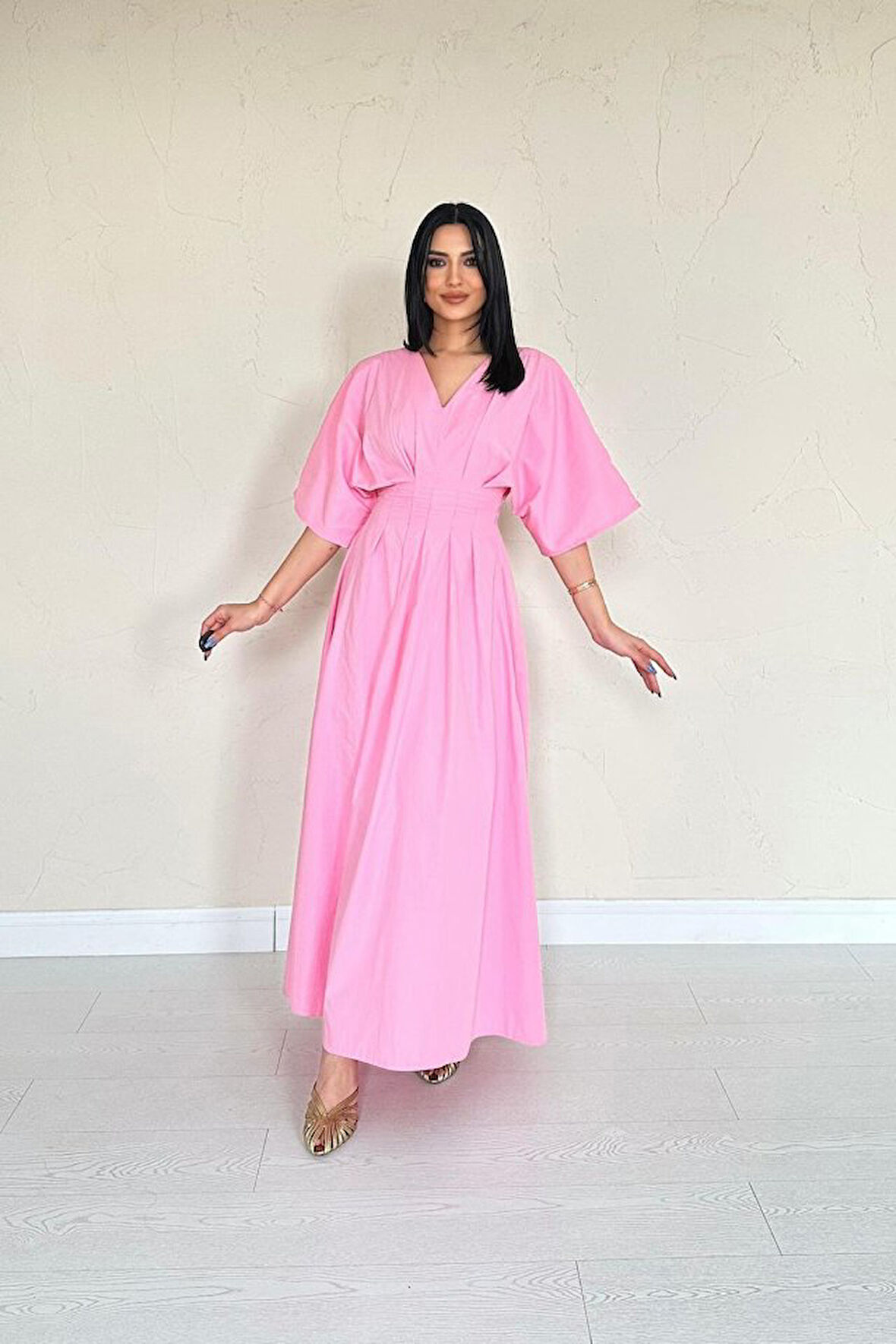 JANES Pembe Pileli Uzun Elbise