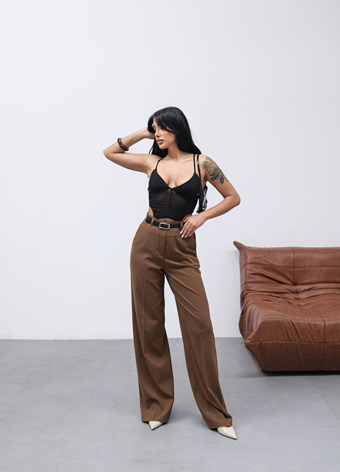 JANES Poly Viscose Yüksek Bel Kemerli̇ Ve Dökümlü Palazzo Pantolon (Kemer Dahi̇l)