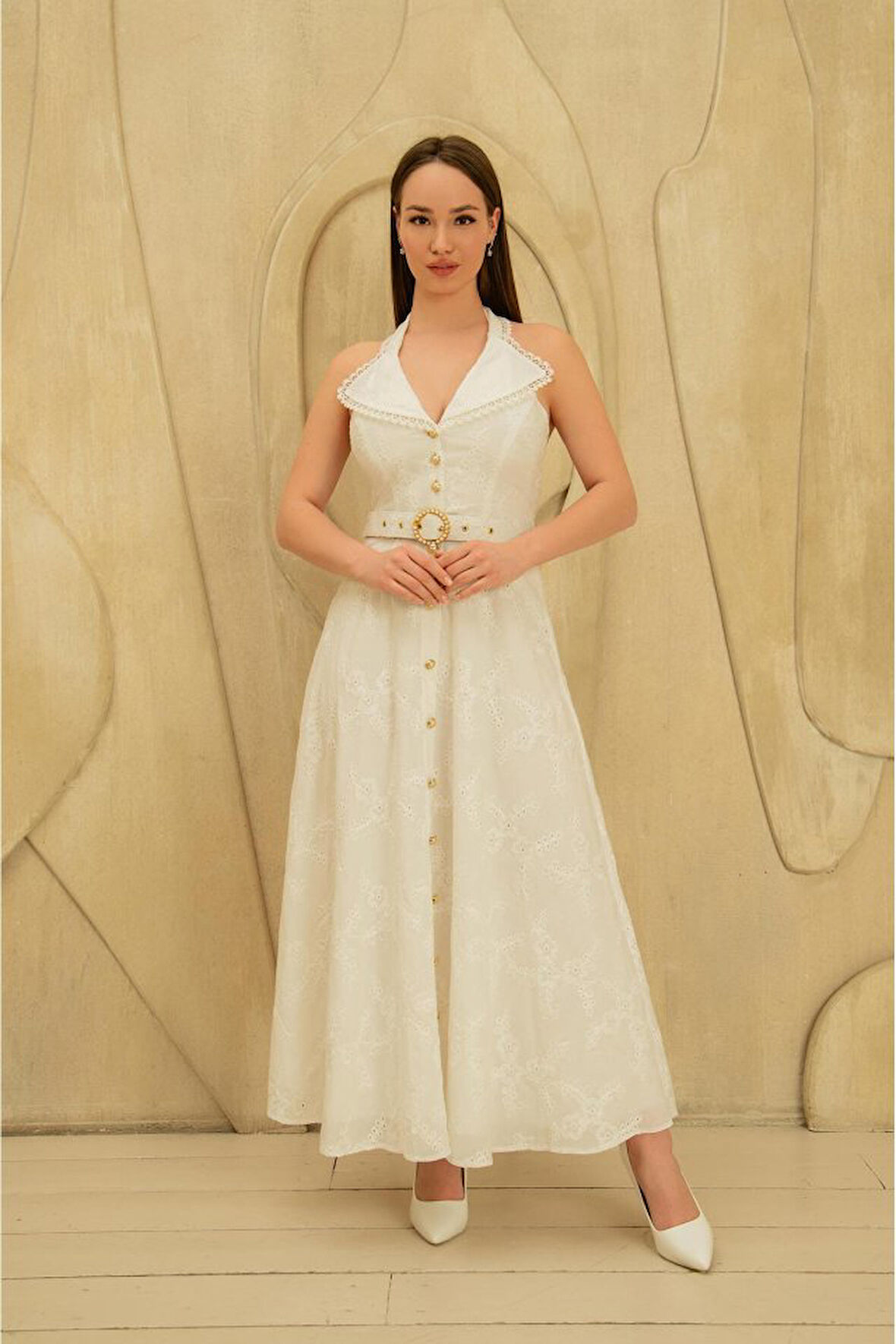 JANES Beyaz İnci Kemer Detaylı Dantelli Elbise