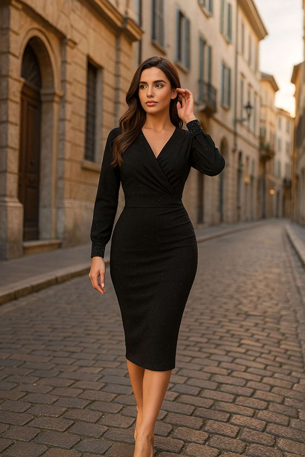 JANES Kadın Uzun Kollu Kruvaze Yaka Büzgü Ve Balon Kol Detay Krep Kumaş Maxi Boy Elbise