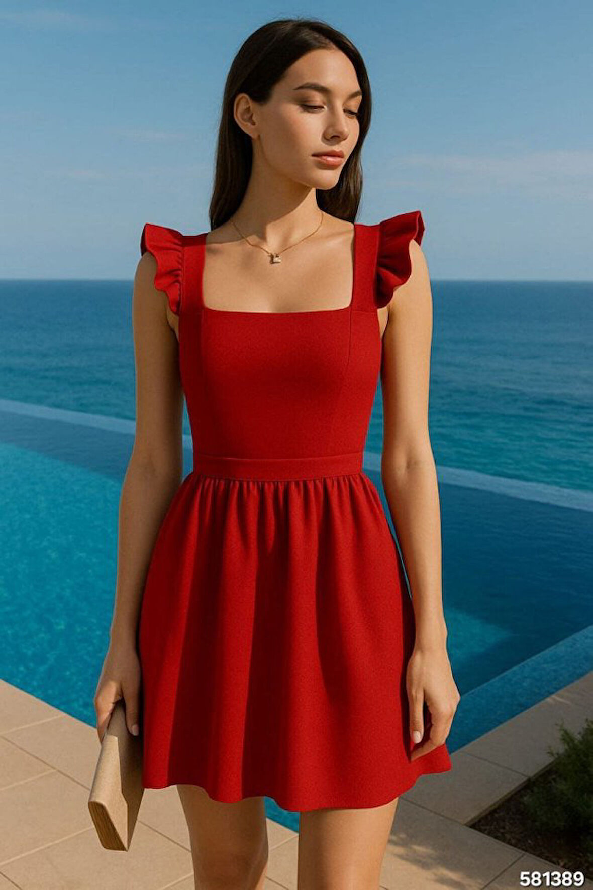 JANES Kadın Dalgıç Krep Kumaş Omuz Fırfır Ve Sırtında Fiyonk Detaylı Mini Boy Elbise