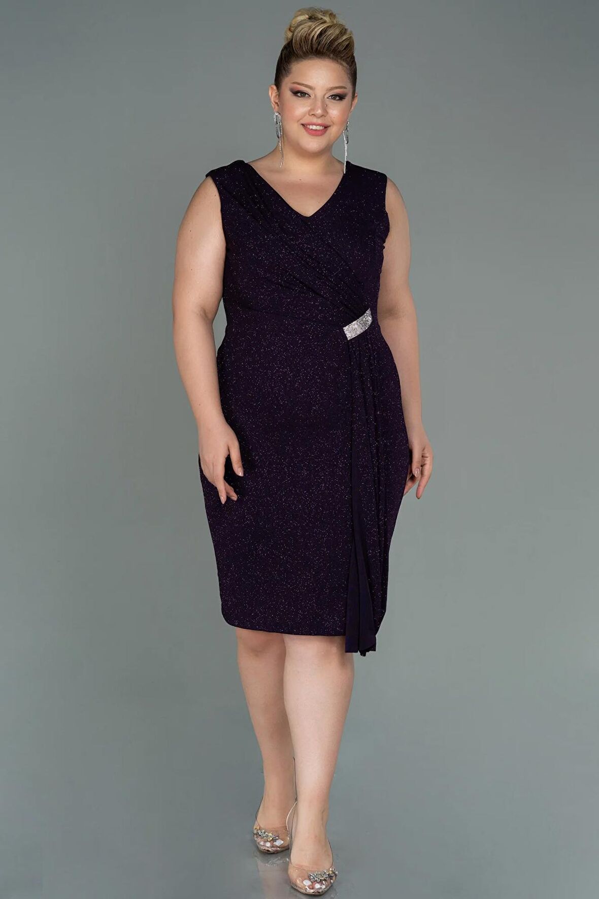 Kolsuz V Yaka Simli Midi Büyük Beden Abiye ABK1752