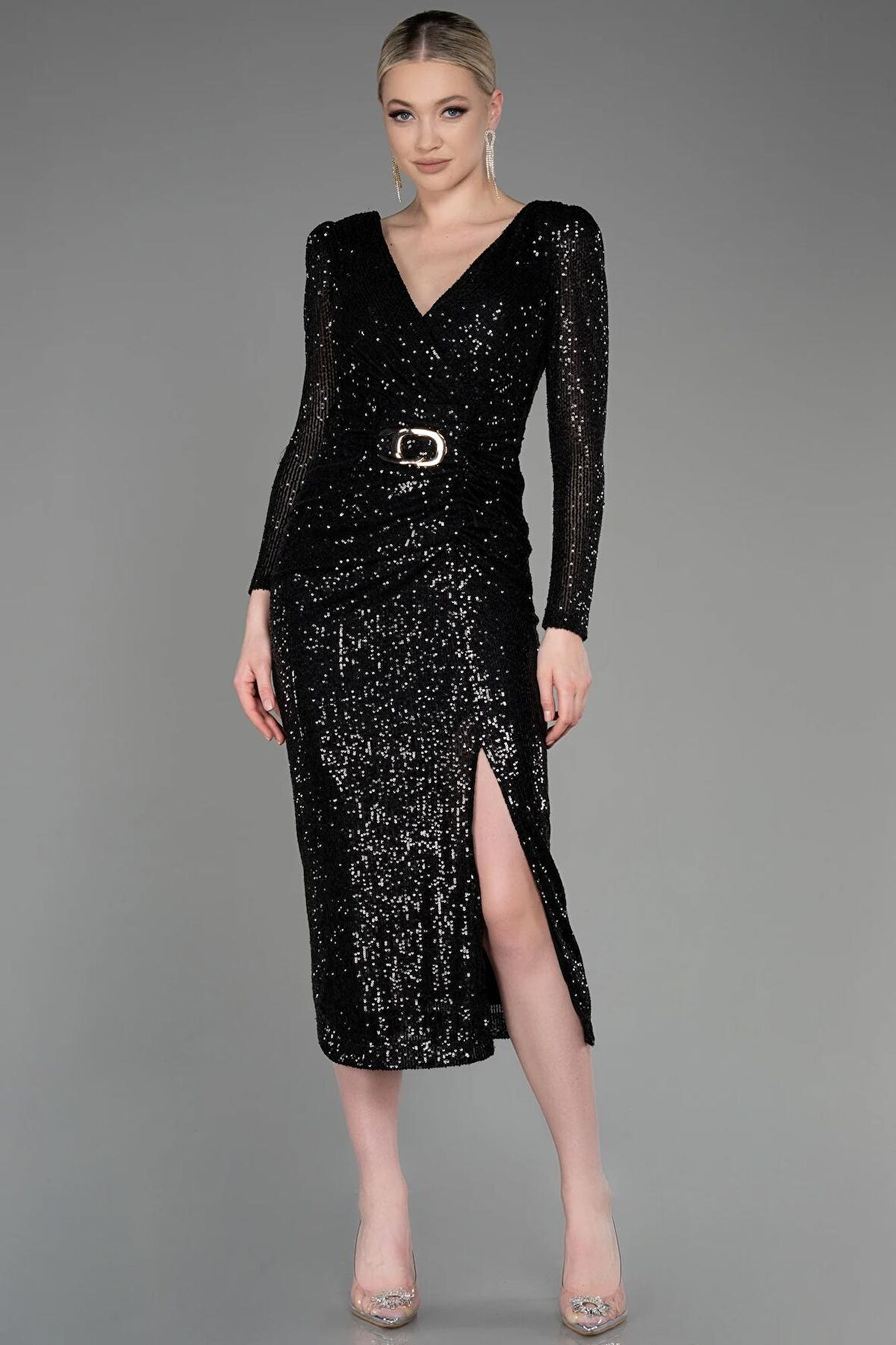 Uzun Kol Yırtmaçlı Midi Pullu Abiye Elbise ABK1808