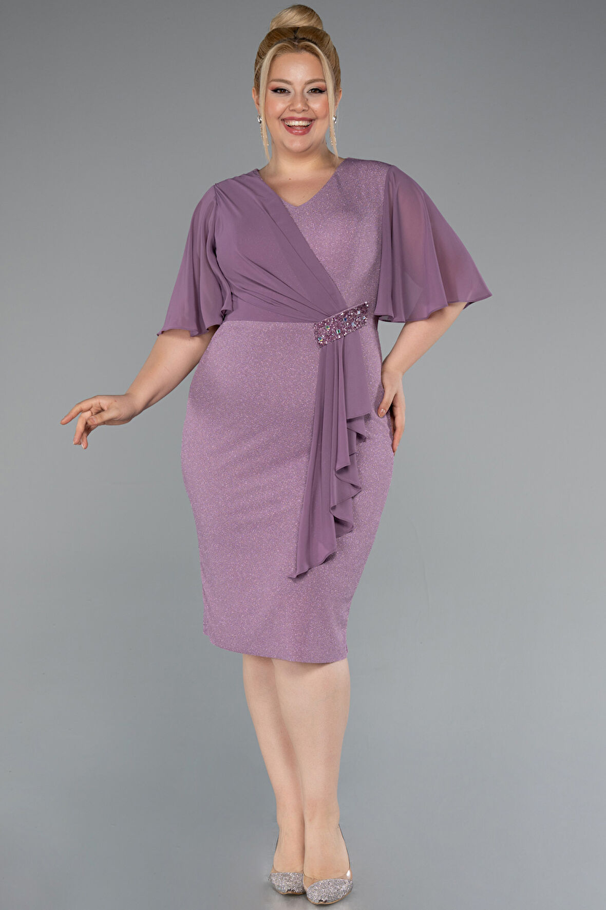 Kısa Kol Simli Büyük Beden Abiye ABK1826