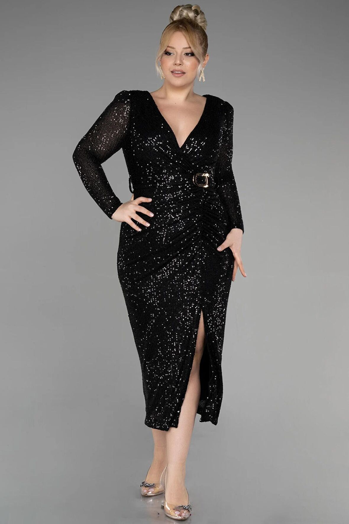 Uzun Kol Midi Pullu Büyük Beden Abiye ABK1956