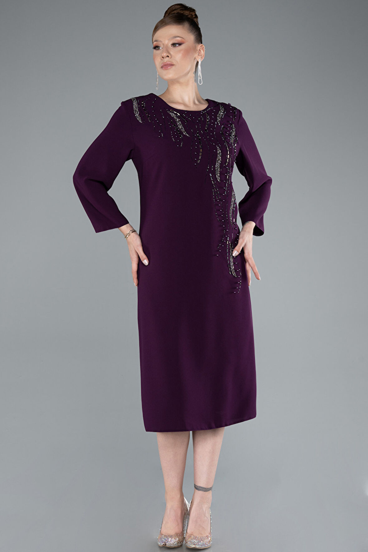 Kapri Kol Taşlı Midi Büyük Beden Davet Elbisesi ABK2197