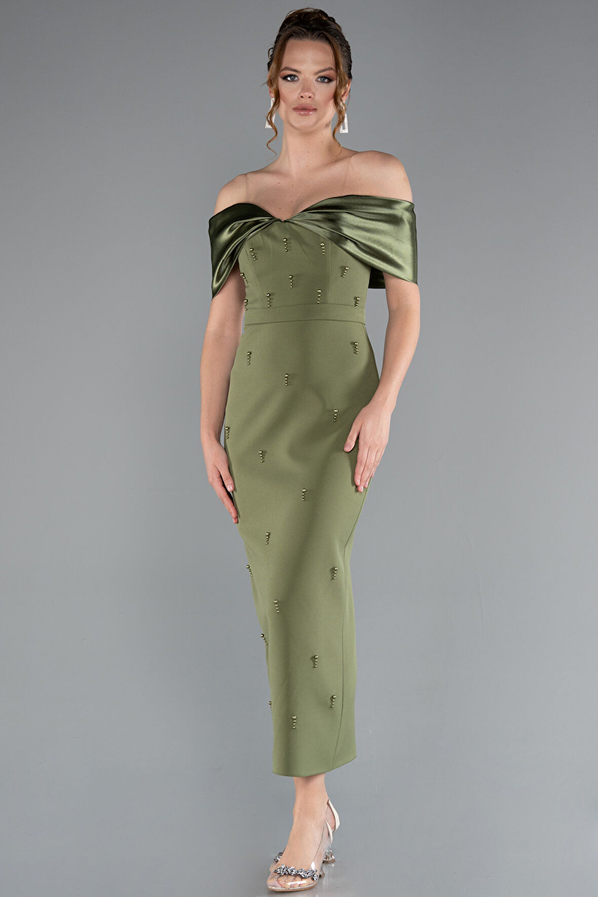 Kayık Yaka Taşlı Midi Davet Elbisesi ABK2212