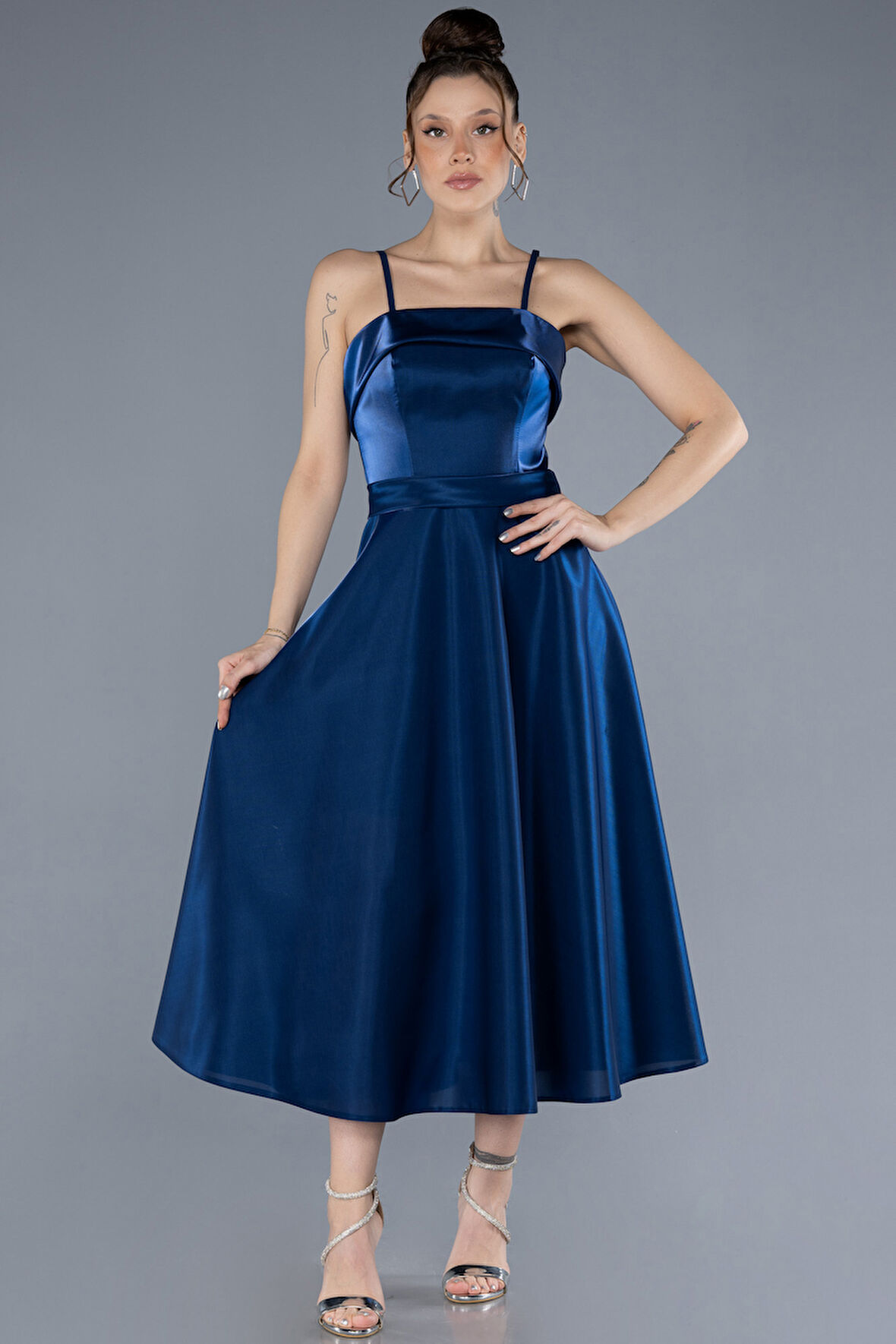 Askılı Midi Saten Davet Elbisesi ABK2242