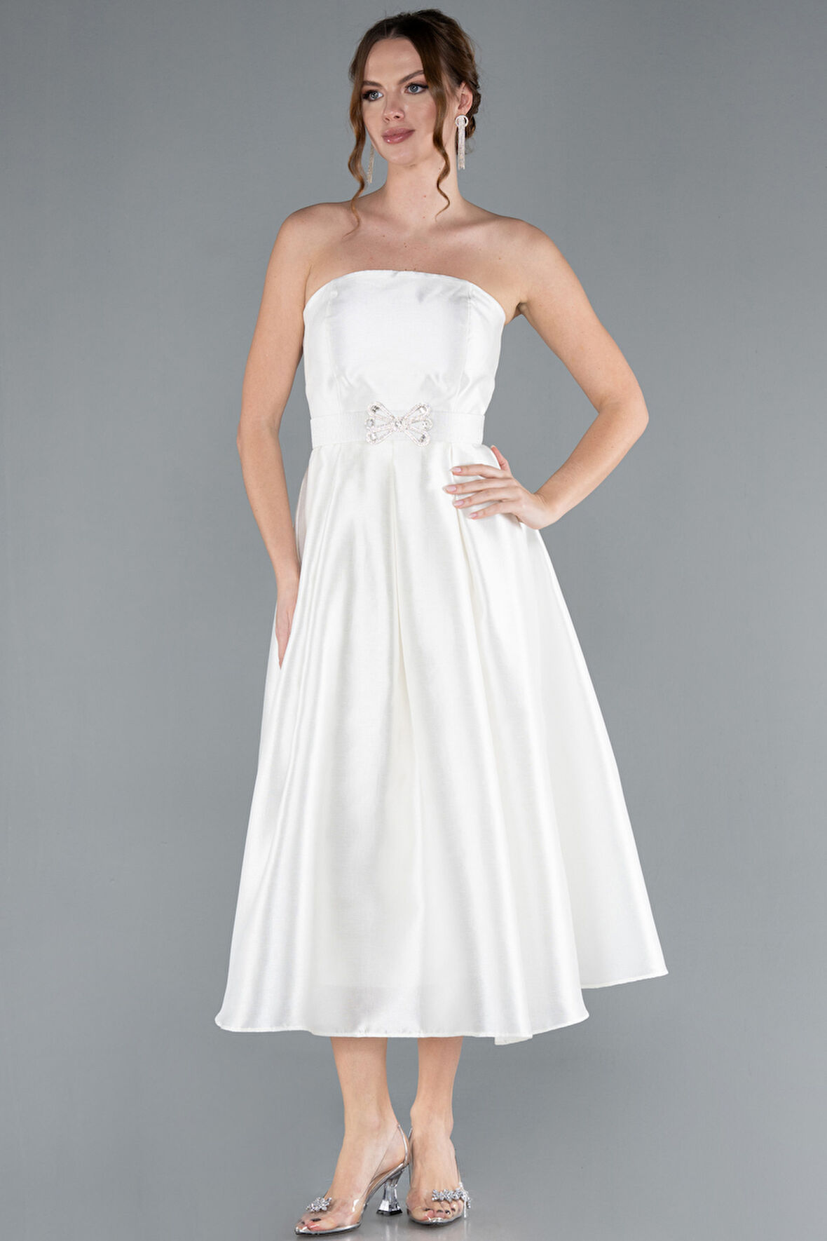 Straplez Kemerli Midi Tafta Davet Elbisesi ABK2287