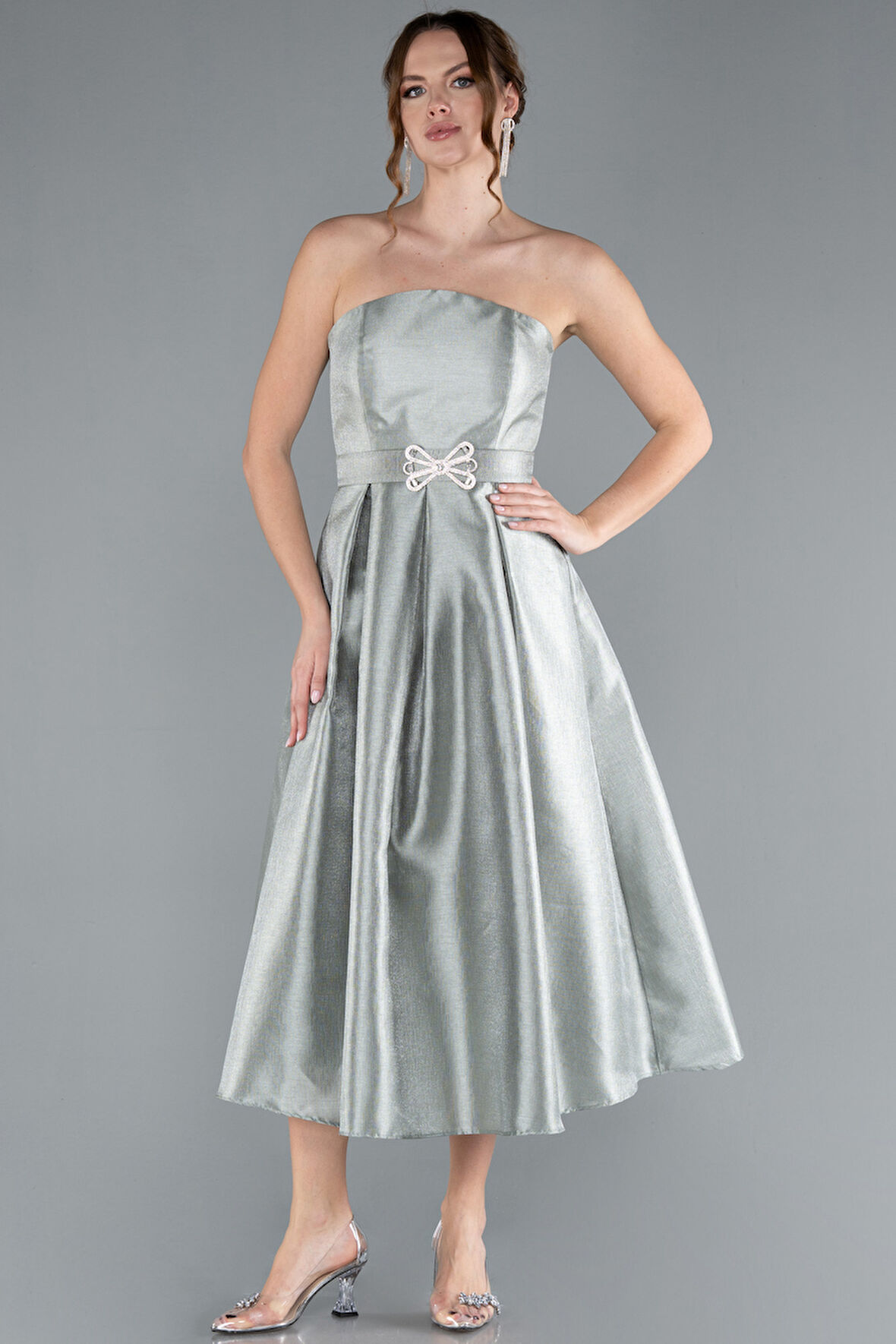 Straplez Kemerli Midi Tafta Davet Elbisesi ABK2287