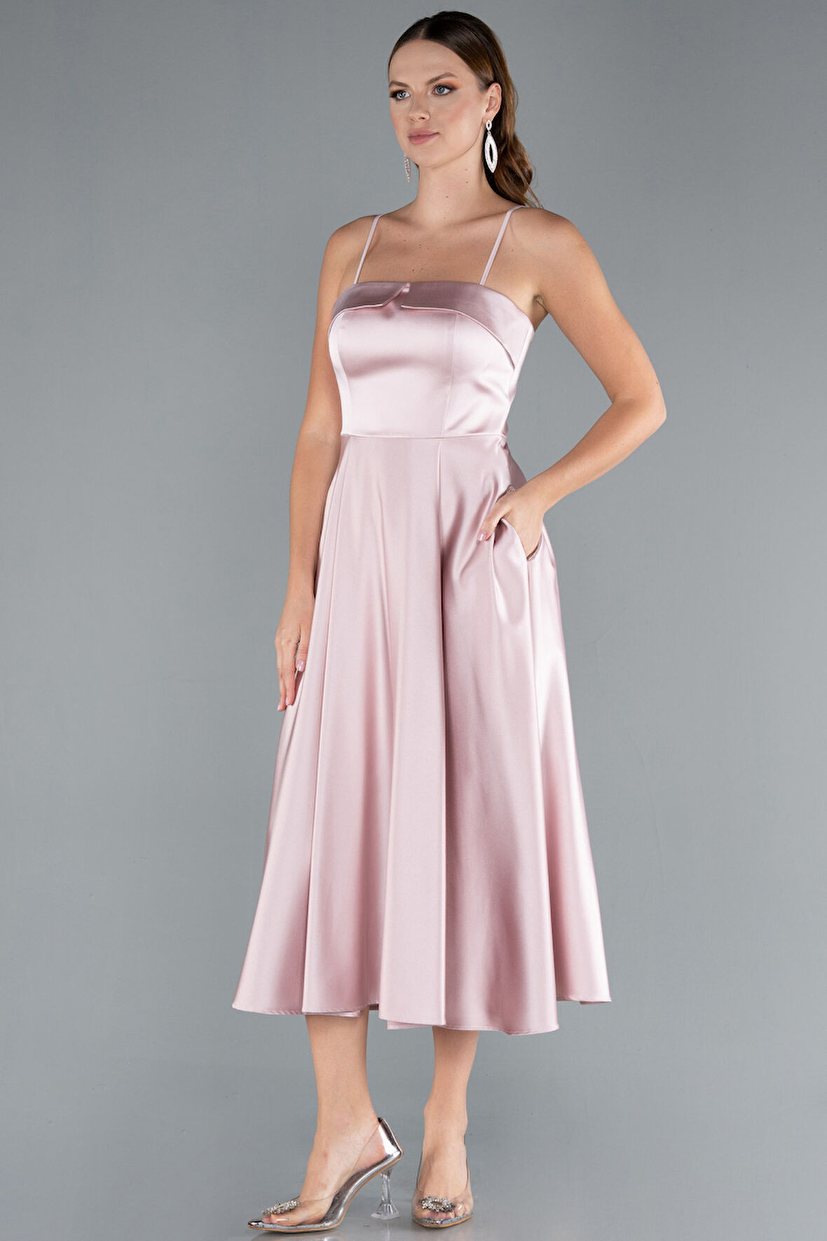 Askılı Midi Saten Davet Elbisesi ABK2316