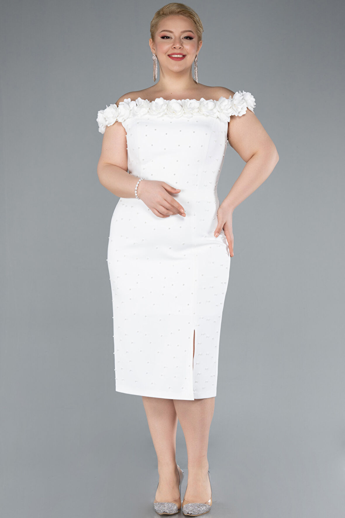 Kayık Yaka Midi Büyük Beden Davet Elbisesi ABK2318