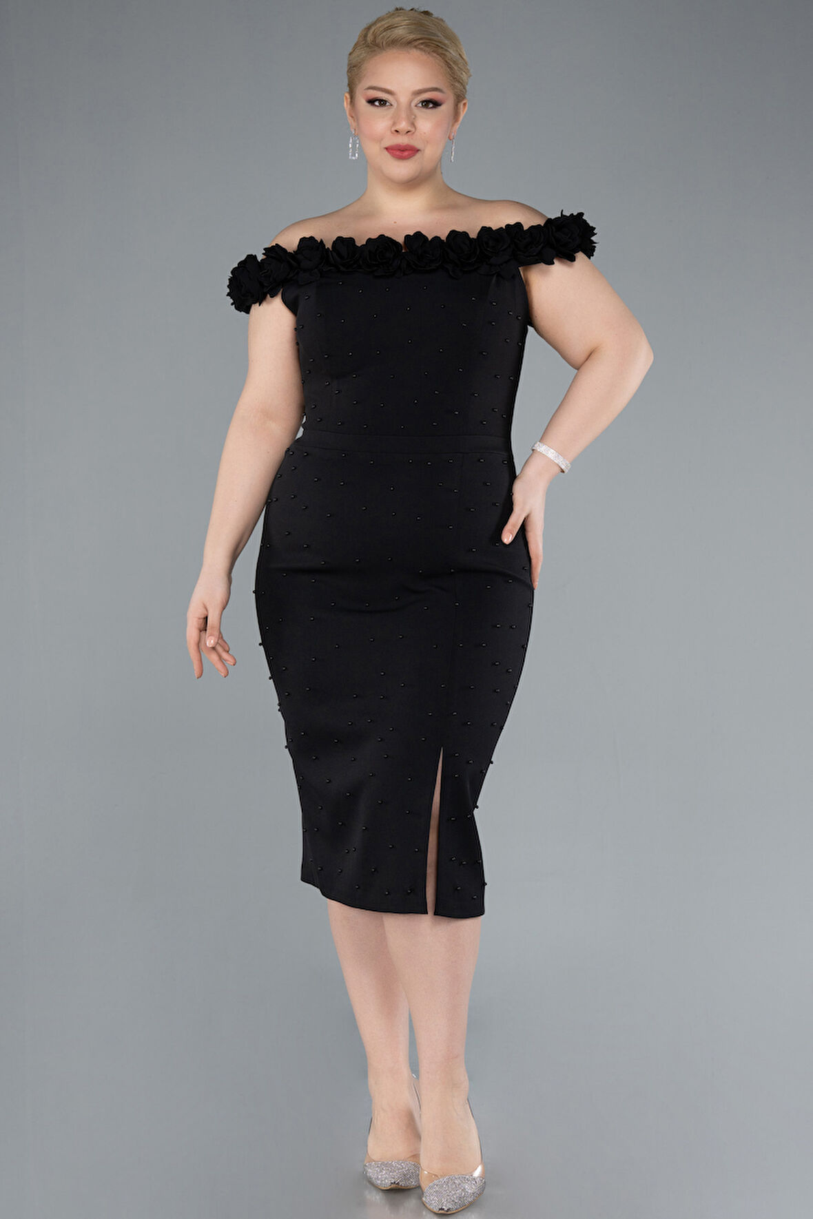 Kayık Yaka Midi Büyük Beden Davet Elbisesi ABK2318