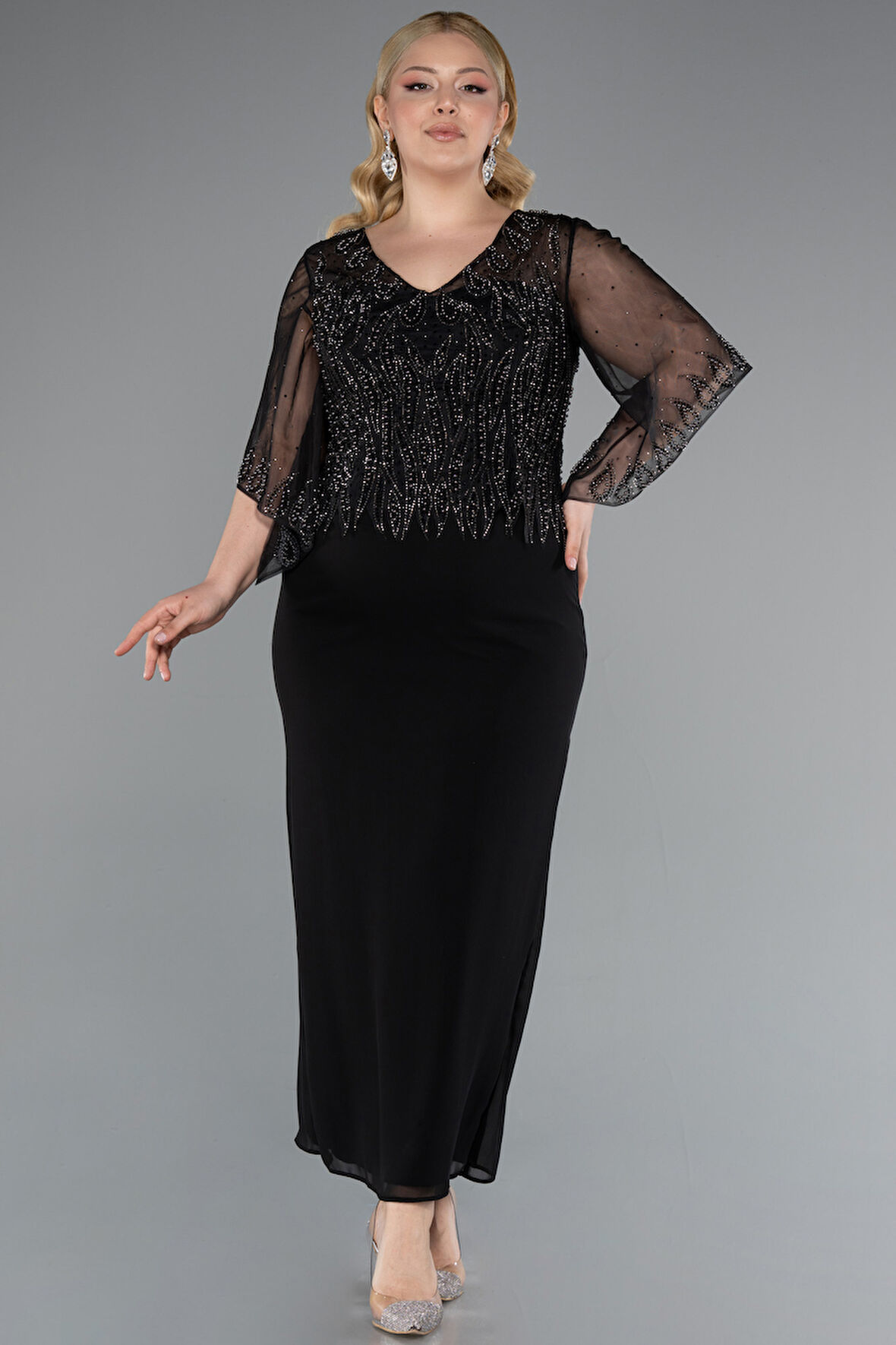 Taşlı V Yaka Kapri Kol Midi Büyük Beden Abiye ABK2333