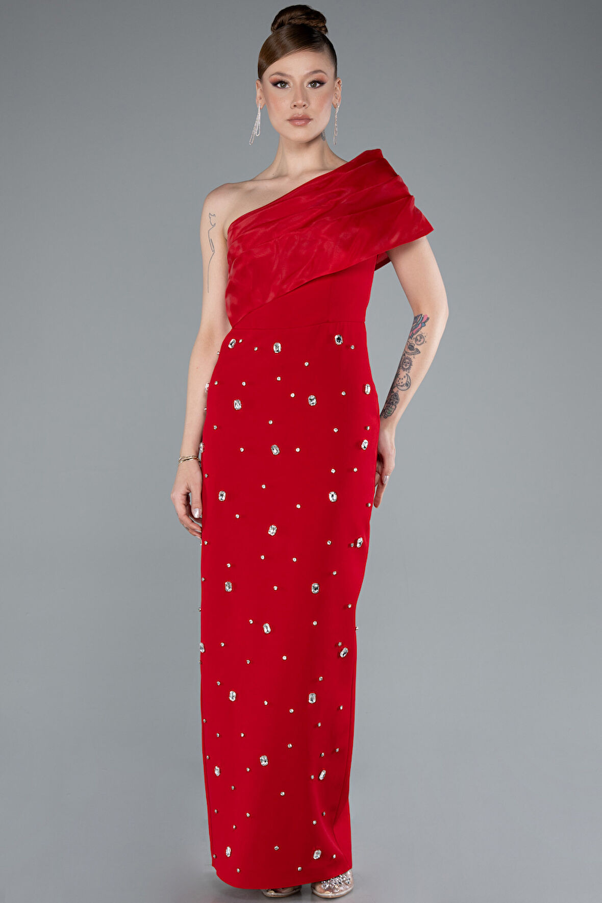 Tek Omuz Taşlı Midi Davet Elbisesi ABK2337