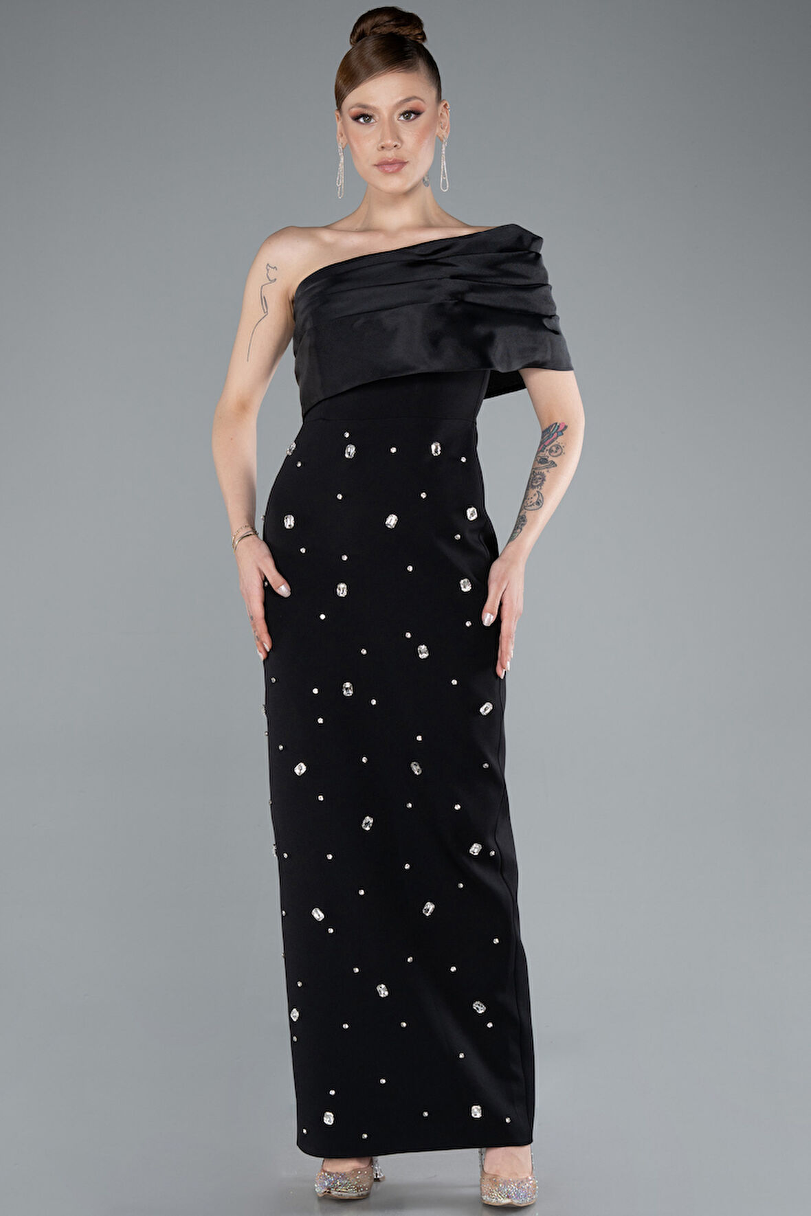 Tek Omuz Taşlı Midi Davet Elbisesi ABK2337