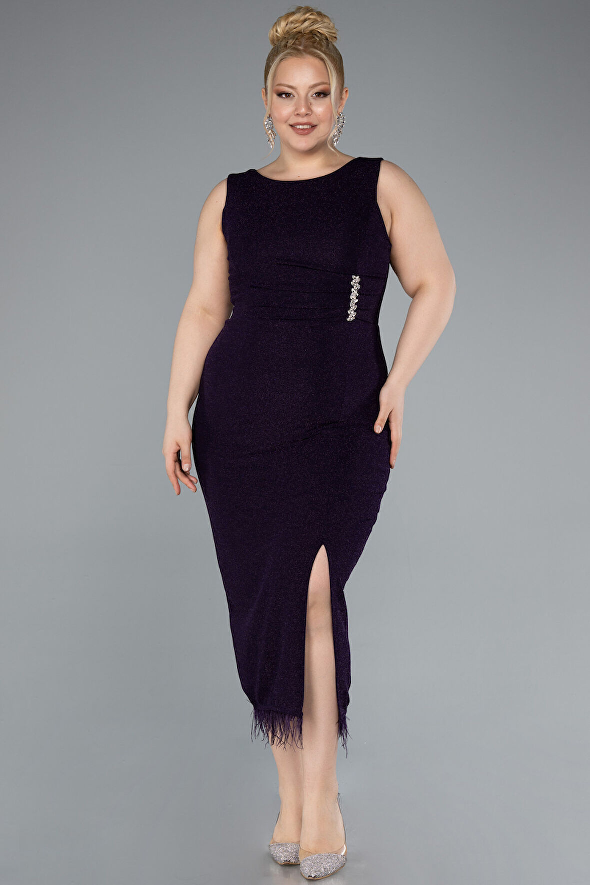 Kolsuz Yırtmaçlı Midi Büyük Beden Abiye ABK2338