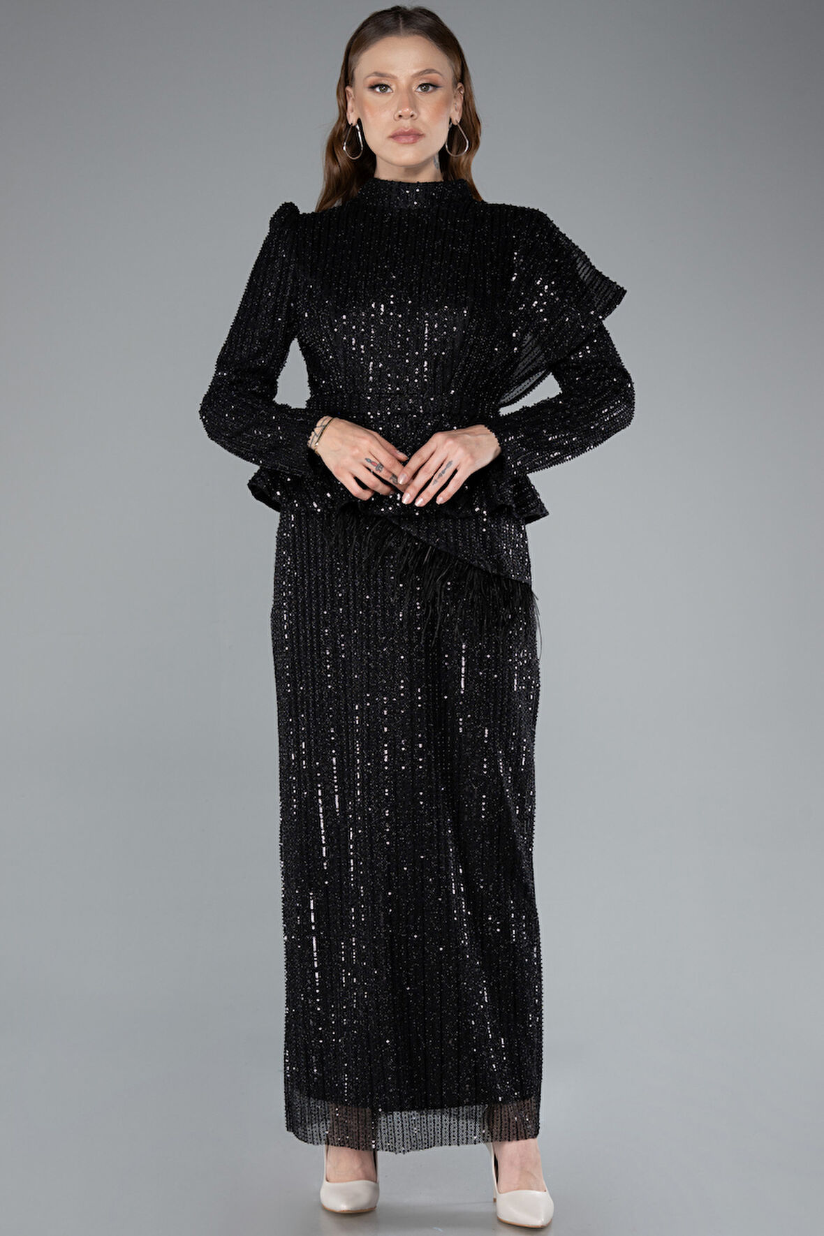 Uzun Kol Midi Boncuklu Tesettür Abiye Elbise ABK2346