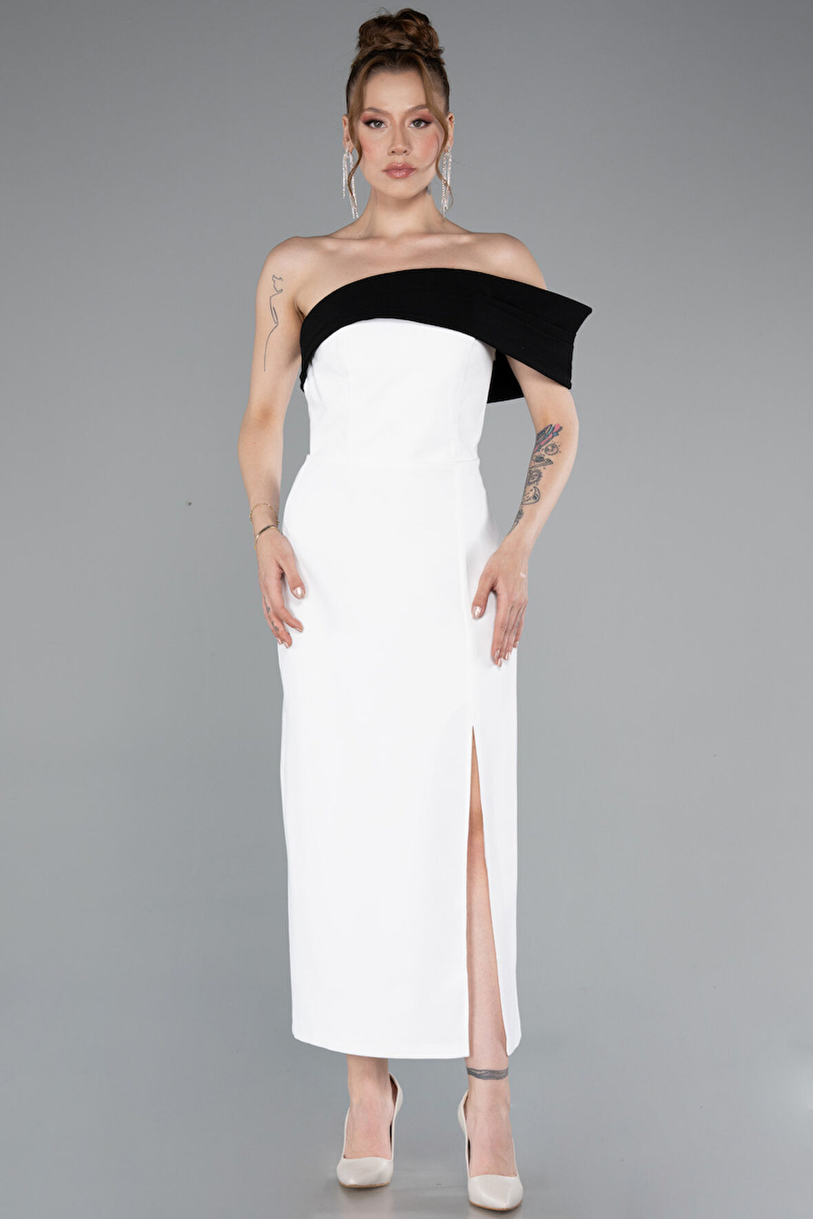 Tek Omuz Yırtmaçlı Midi Davet Elbisesi ABK2350