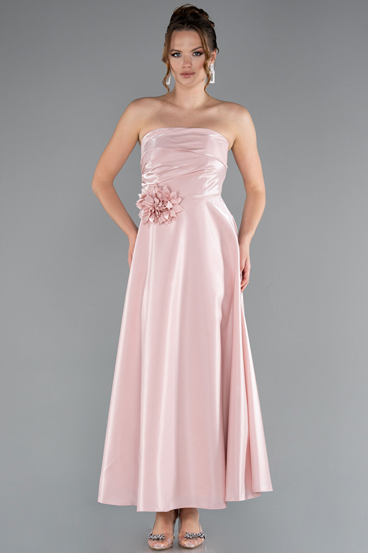 Straplez Midi Saten Davet Elbisesi ABK2363