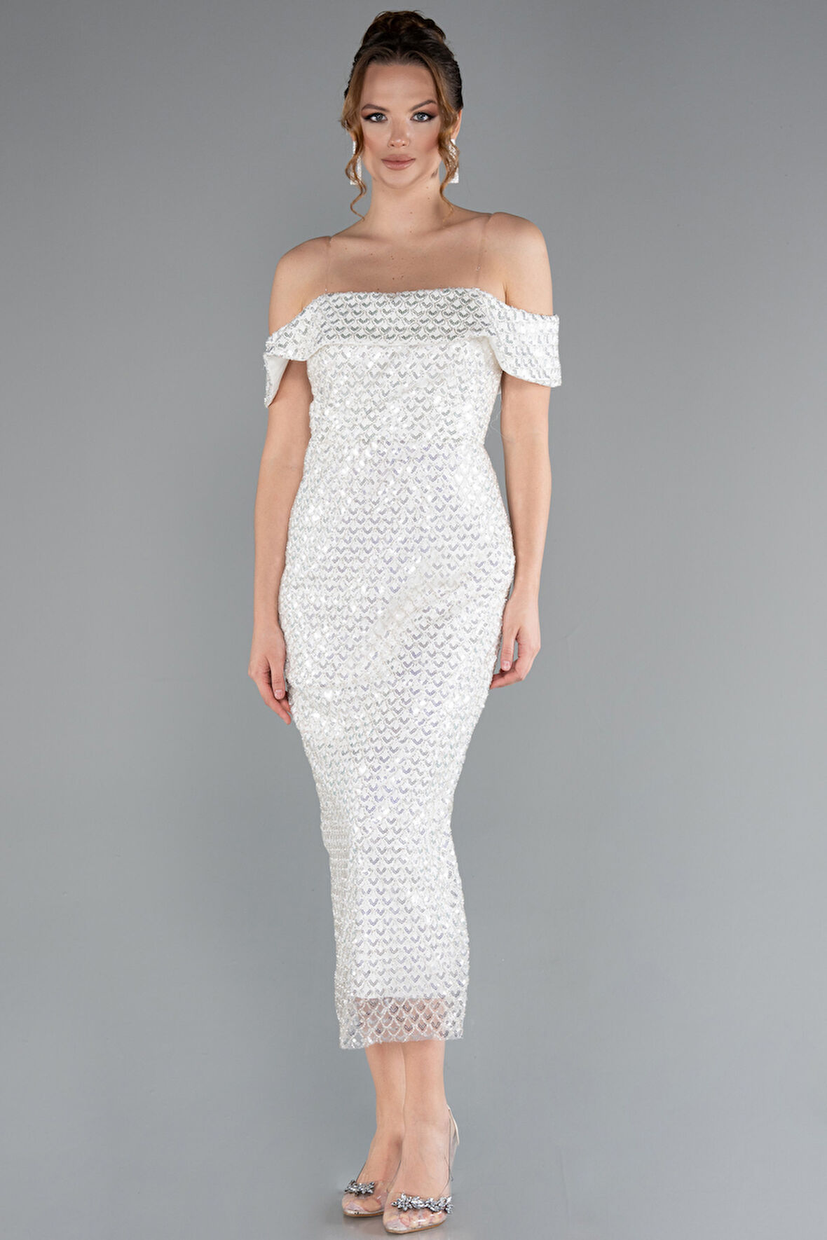 Kayık Yaka Midi Pullu Davet Elbisesi ABK2364