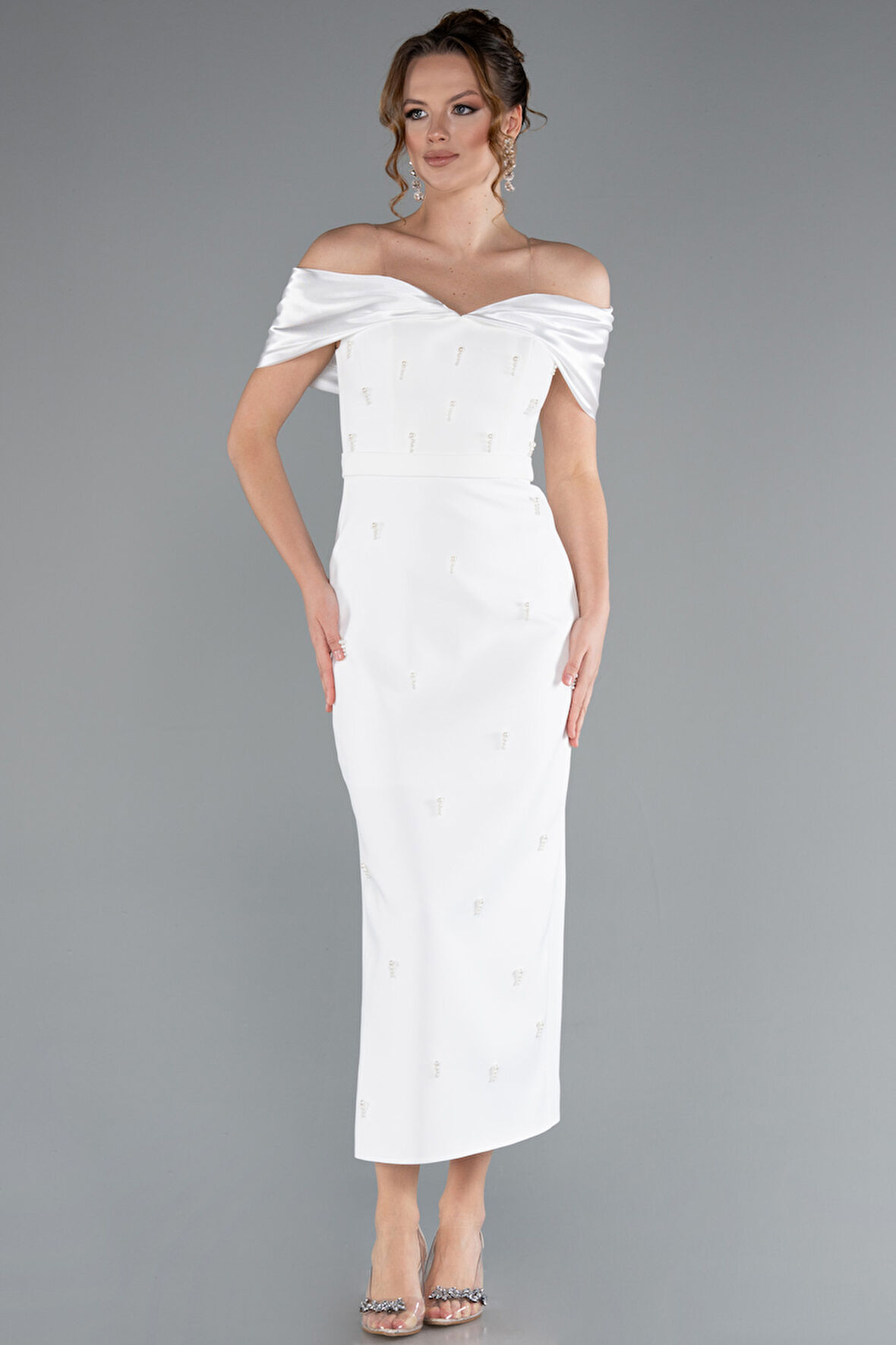 Kayık Yaka Taşlı Midi Büyük Beden Davet Elbisesi ABK2379