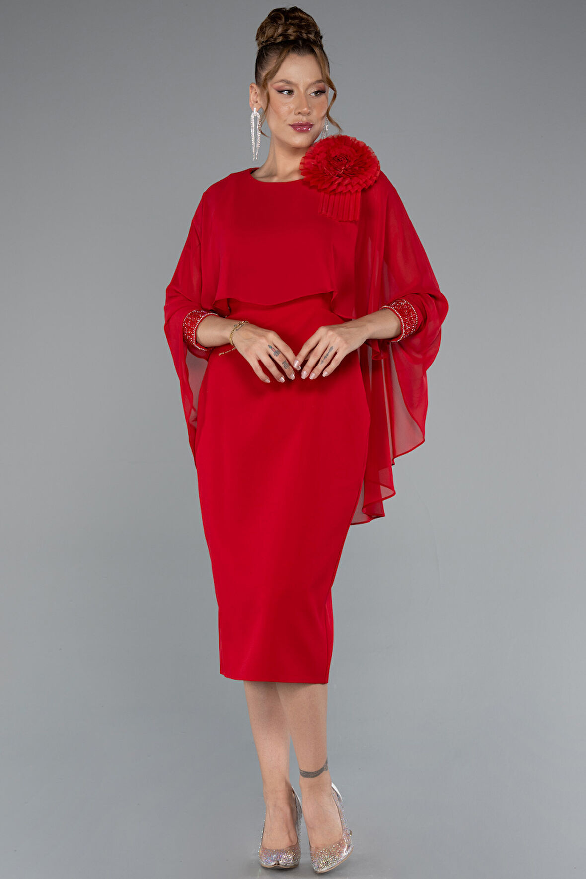 Pelerin Kapri Kol Midi Şifon Davet Elbisesi ABK2382