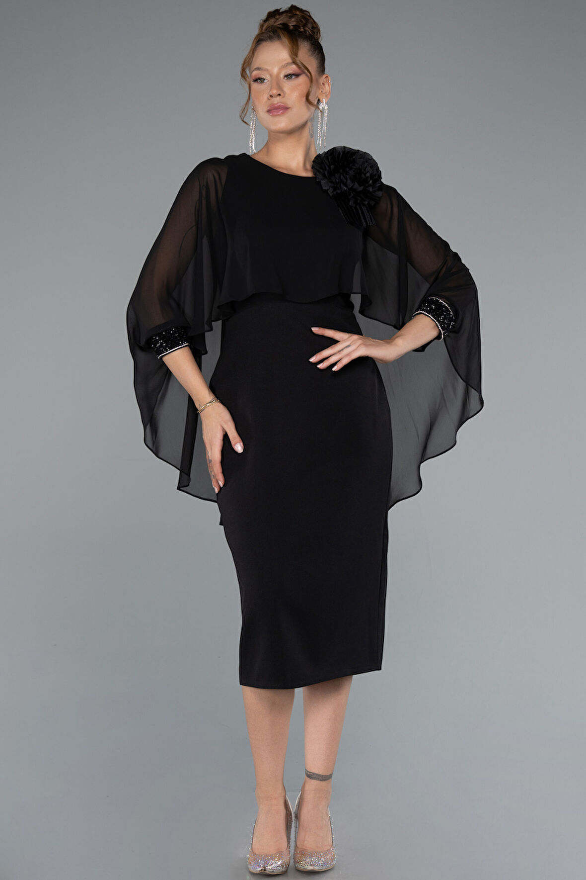 Pelerin Kapri Kol Midi Şifon Davet Elbisesi ABK2382