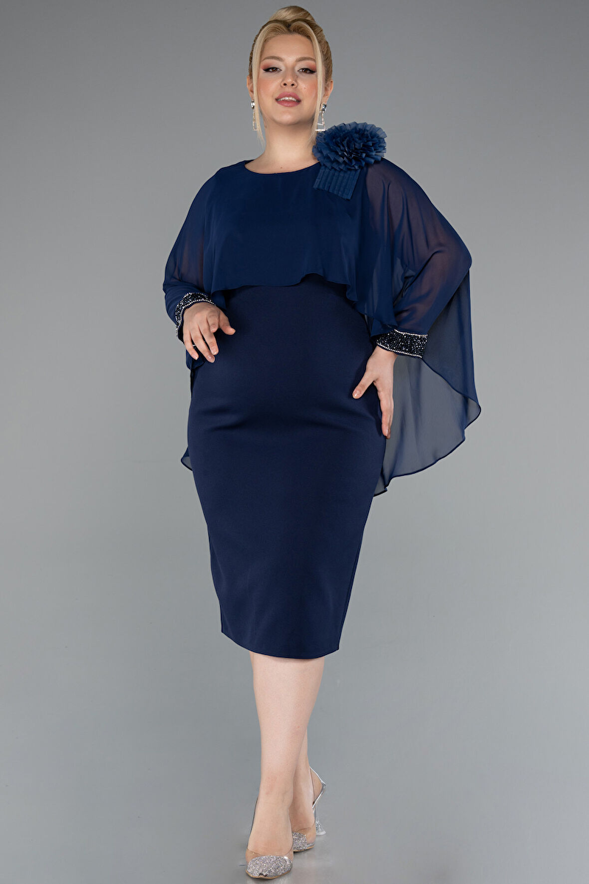 Kapri Kol Midi Şifon Büyük Beden Davet Elbisesi ABK2383