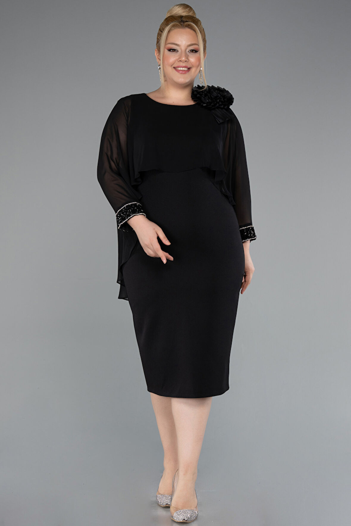 Kapri Kol Midi Şifon Büyük Beden Davet Elbisesi ABK2383