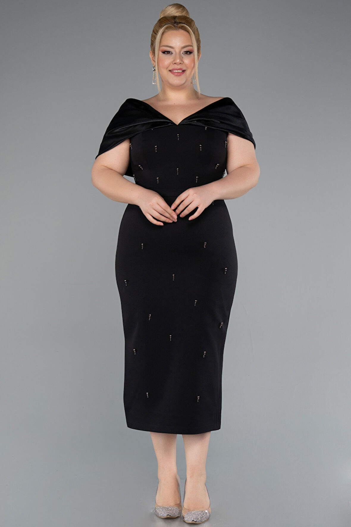 Kayık Yaka Taşlı Midi Büyük Davet Elbisesi ABK2400