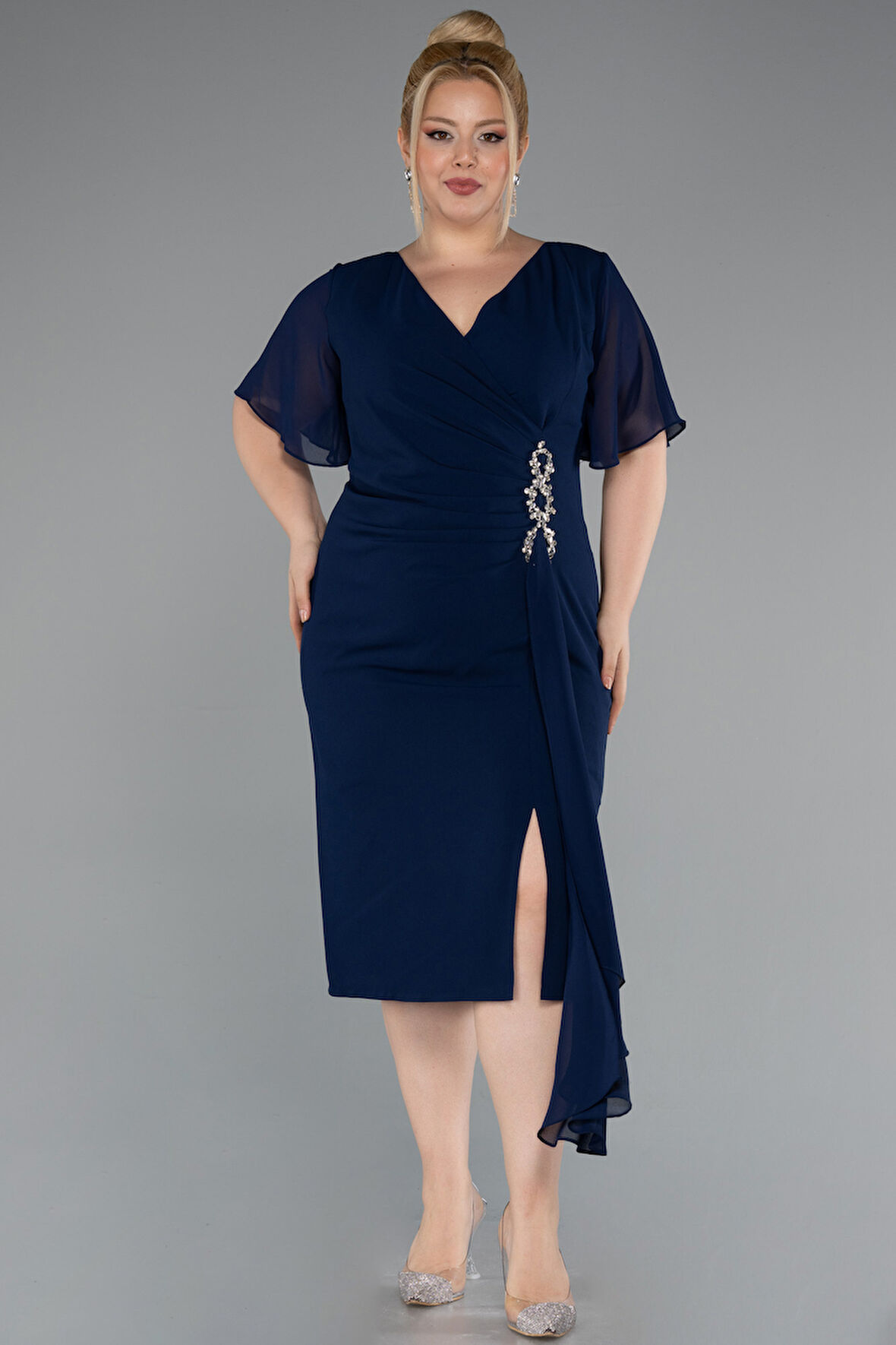 Şifon Kısa Kol Midi Büyük Beden Davet Elbisesi ABK2401