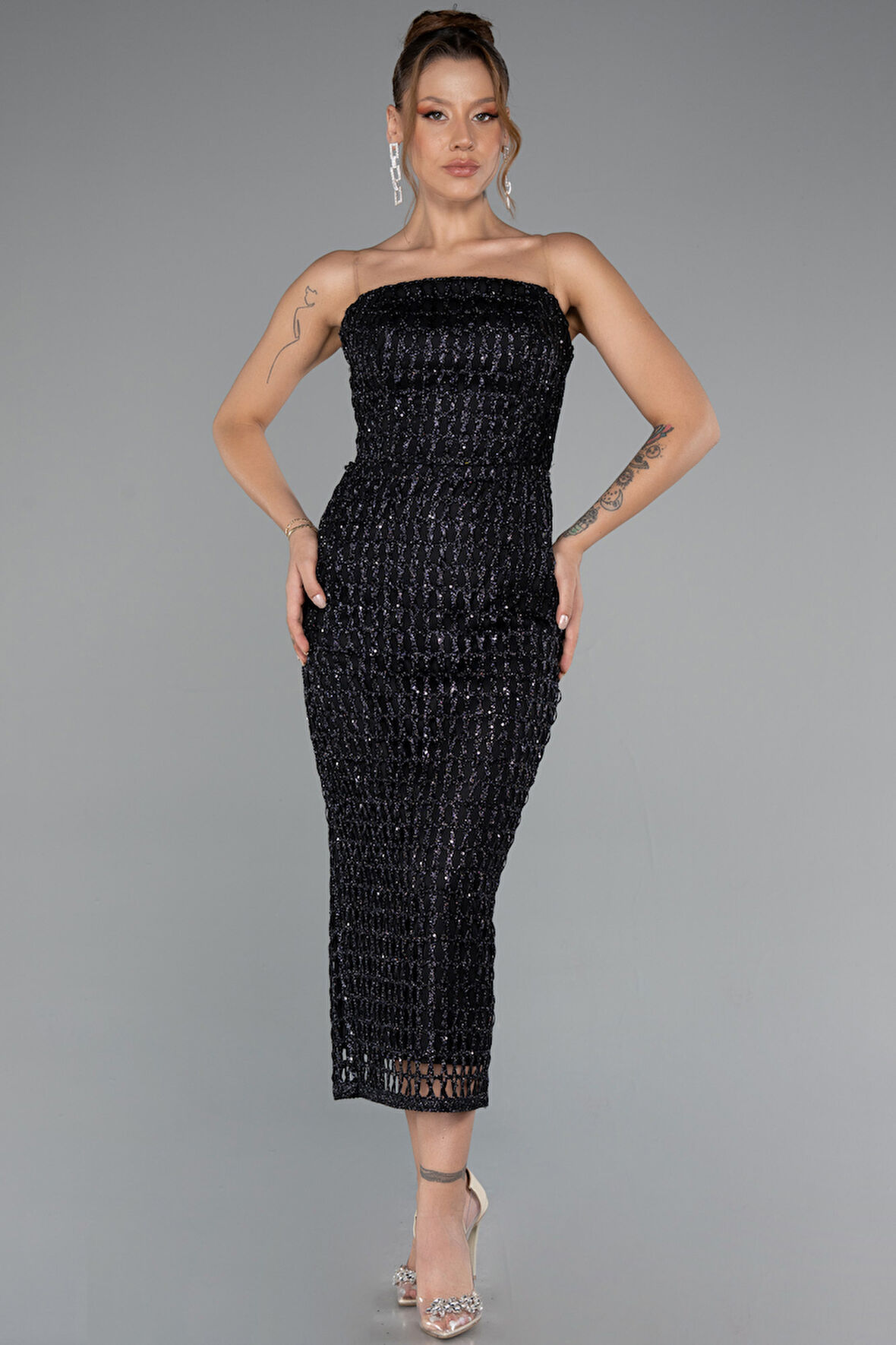 Straplez Midi Simli Gece Elbisesi ABK2413