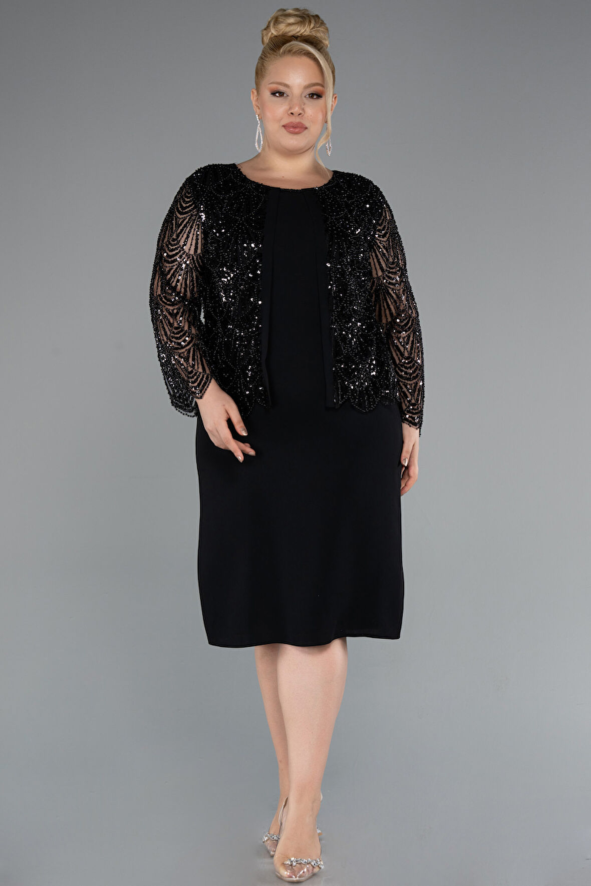 Taşlı Uzun Kol Midi Büyük Beden Davet Elbisesi ABK2417
