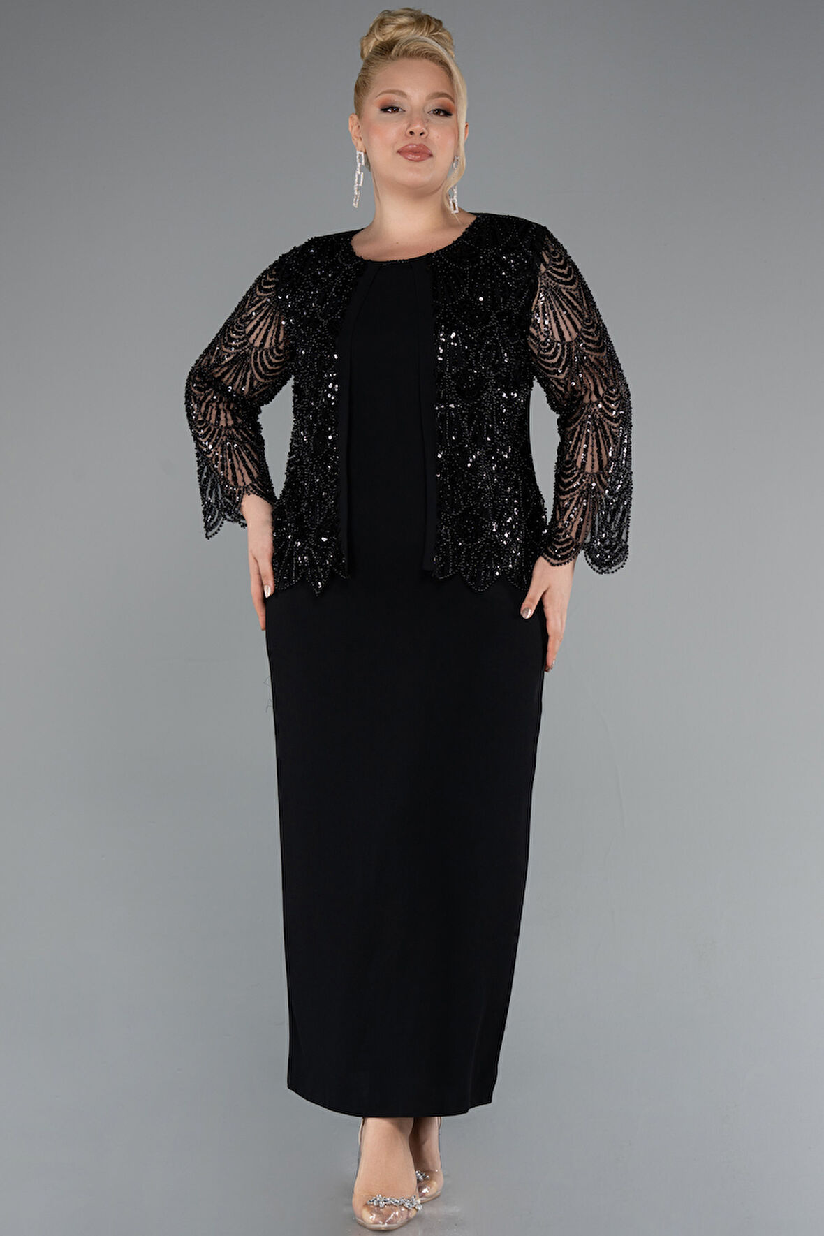 Boncuklu Uzun Kol Midi Büyük Beden Abiye ABK2418