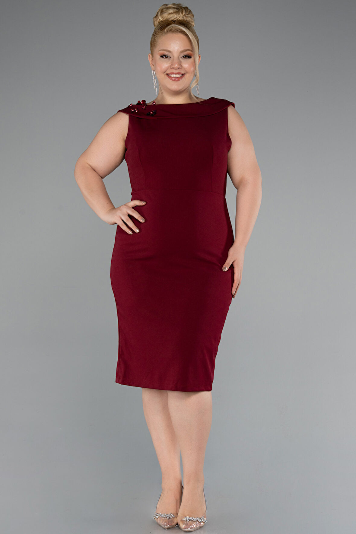 Kolsuz Midi Büyük Beden Davet Elbisesi ABK2422